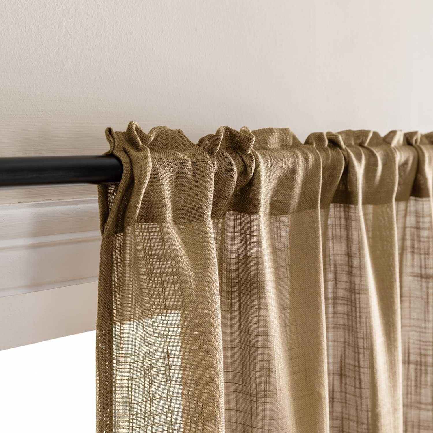 SHINELAND Burlap Woven Cafe Curtains, Light Brown Rustic Farmhouse Primitive Tie