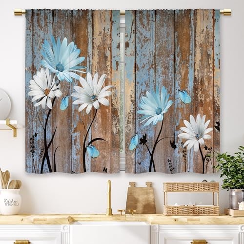 Blue Farmhouse Flower Kitchen Curtains 27.5″W x 39″L (Pack of 2) 04 Wooden Blue