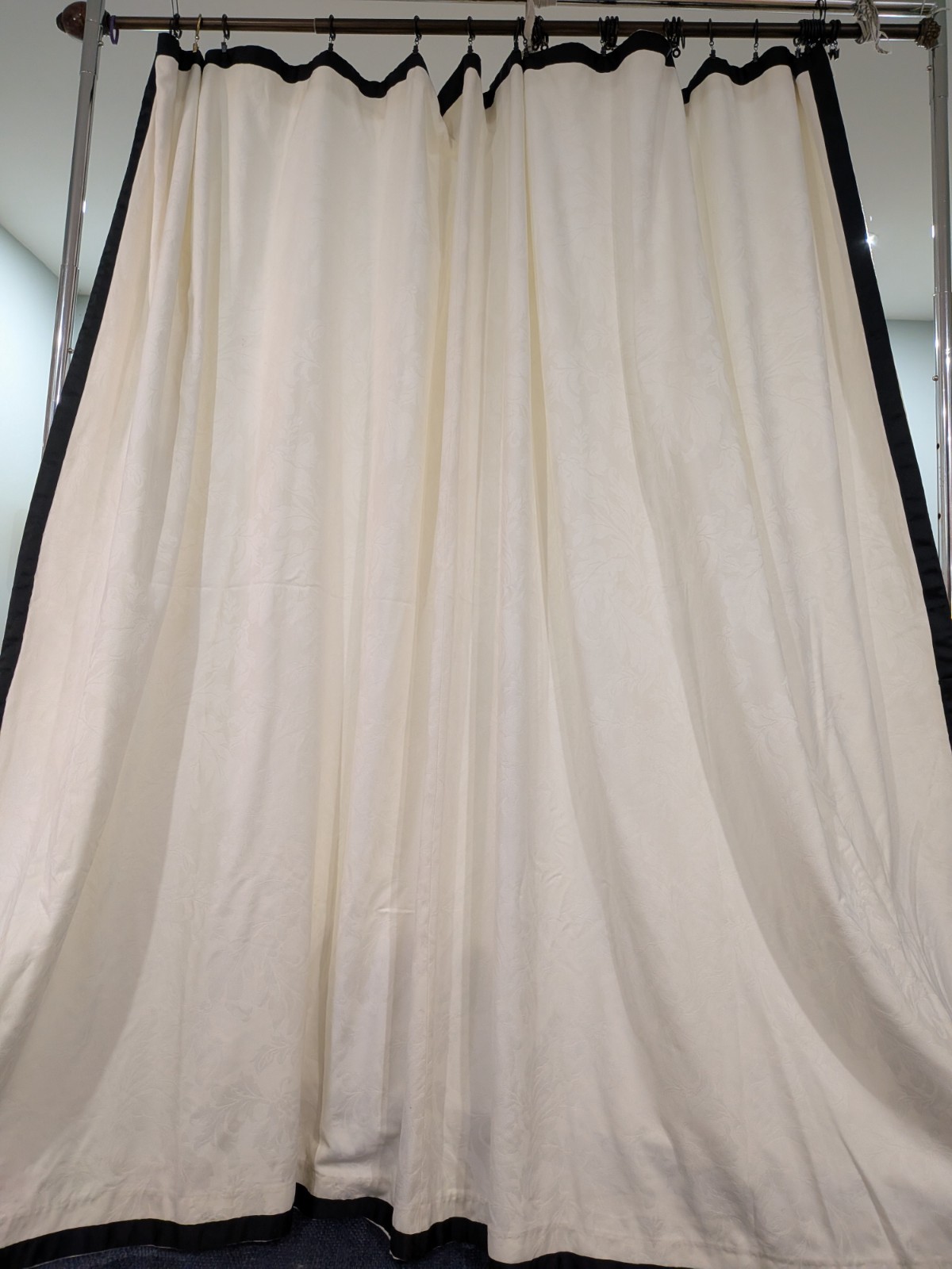 1 pair/2 panels White Jacquard Drapes Black Ribbon Border each panel 109″Wx 81″L