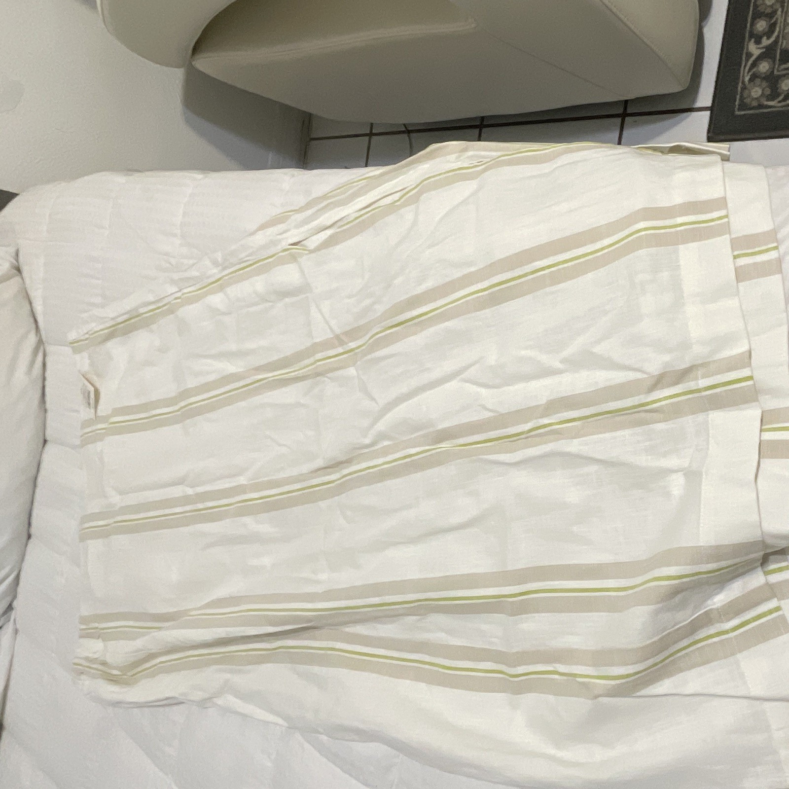 Cotton Striped Curtain Panel White Beige Green Rod Pocket Light Filtering 52×96