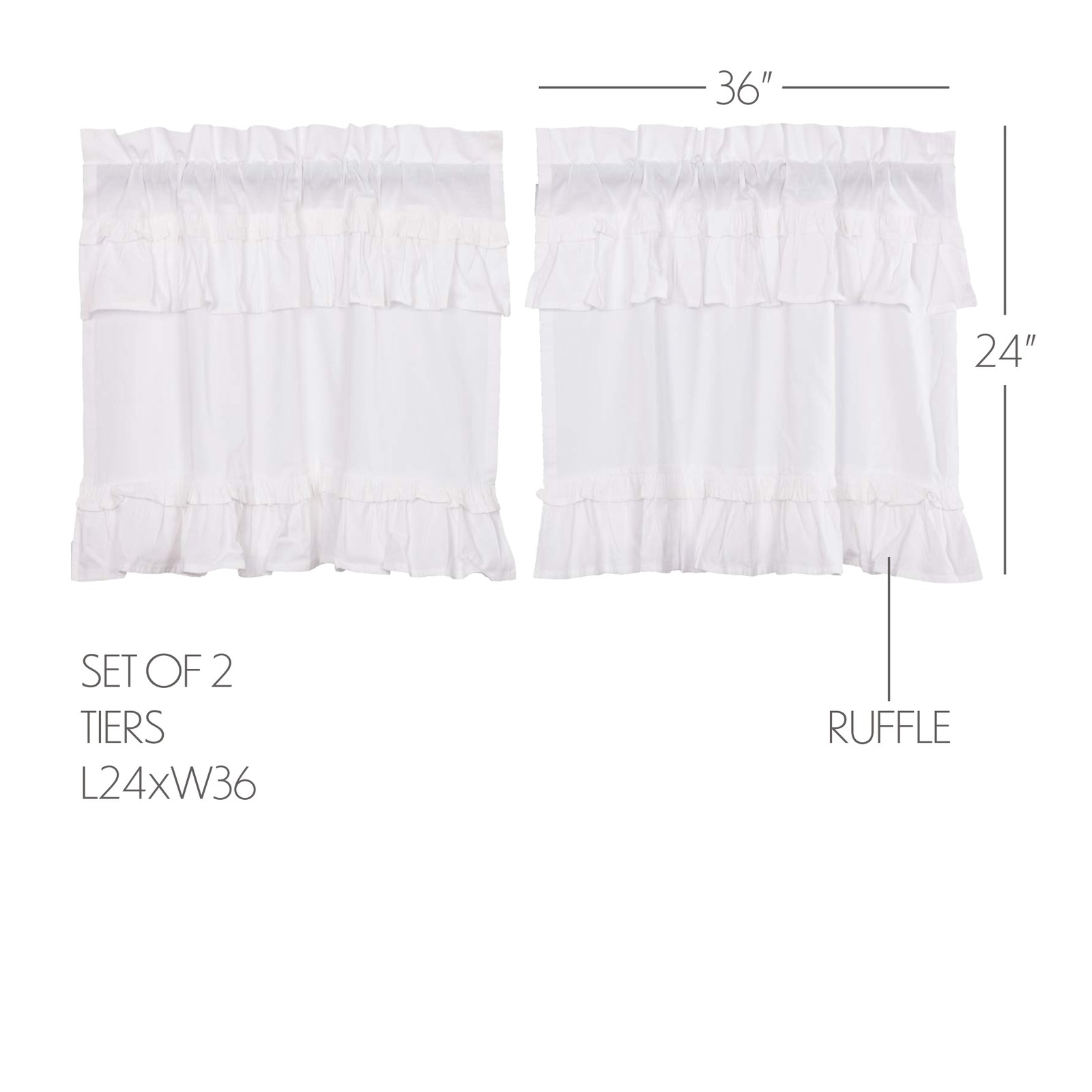 Muslin Ruffled Bleached White Set (1 Valance 16×72 ; 2 Tier 24×36) VHC Brands