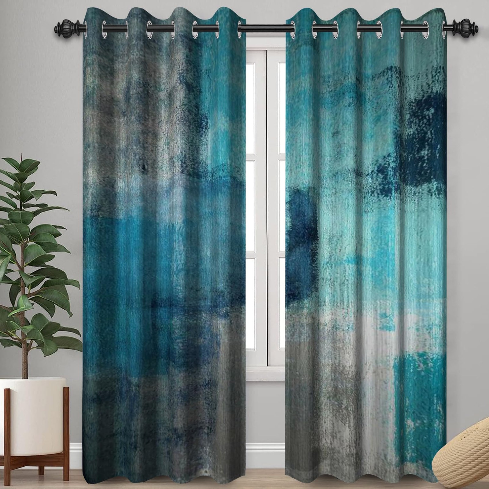 Teal Blue Abstract Art Curtains for Bedroom, Modern Contemporary Print Window…