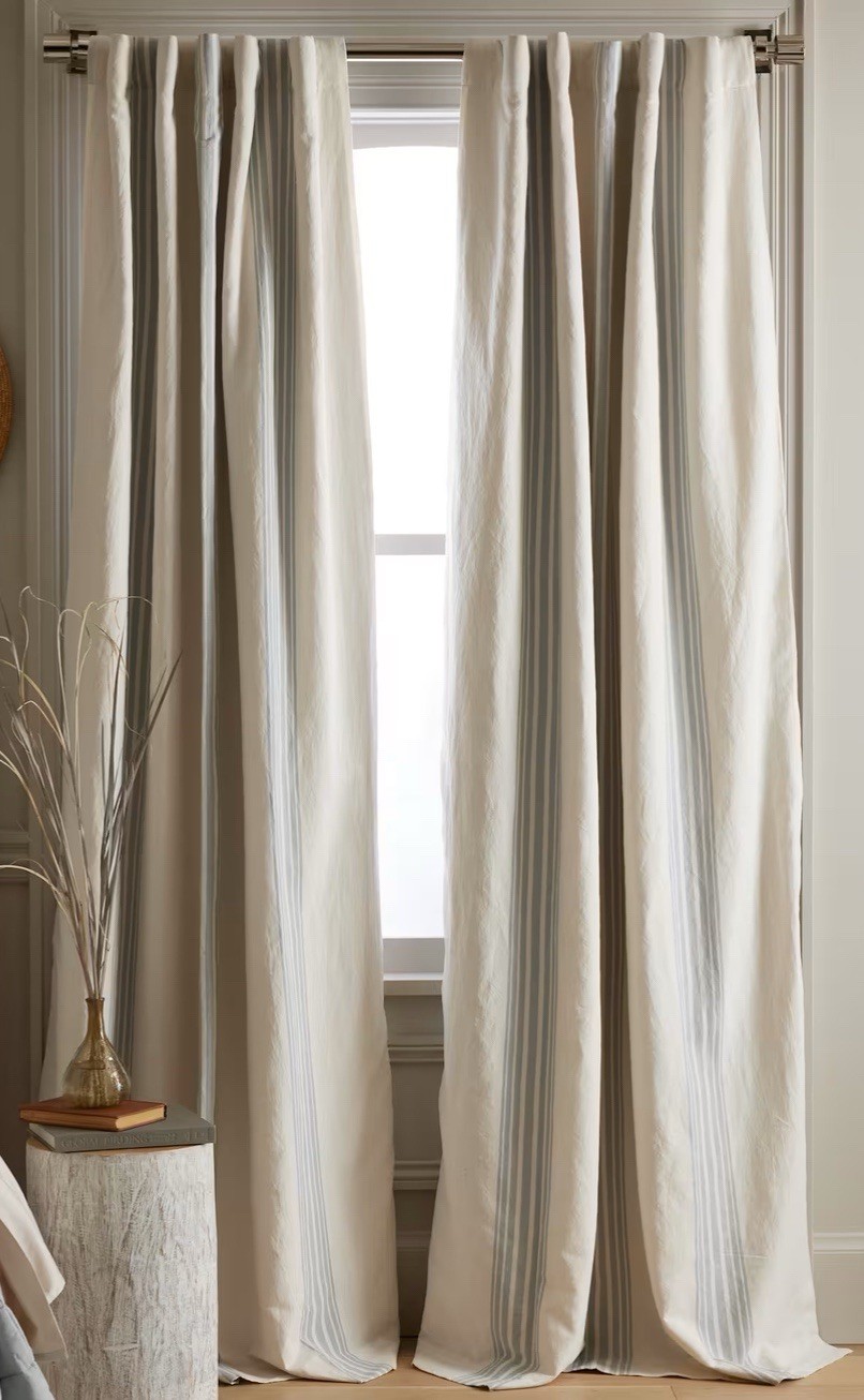 NWOT Quince Set 2 Coastal Stripe Curtain Panels Light Blue Ivory 48”X 96” Darken