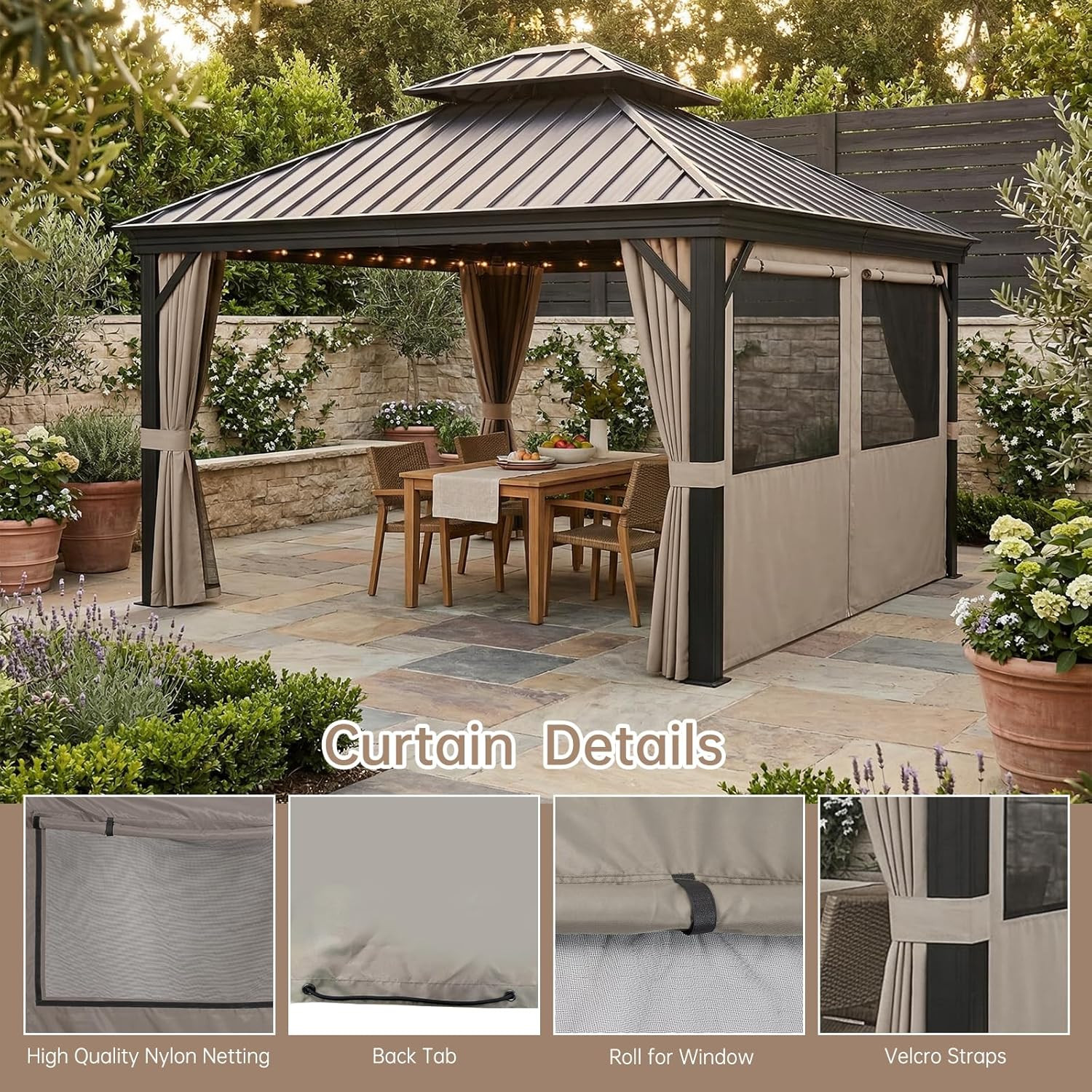 Waterproof 10’x12′ Gazebo Curtains with Net Windows & Zipper – Brown