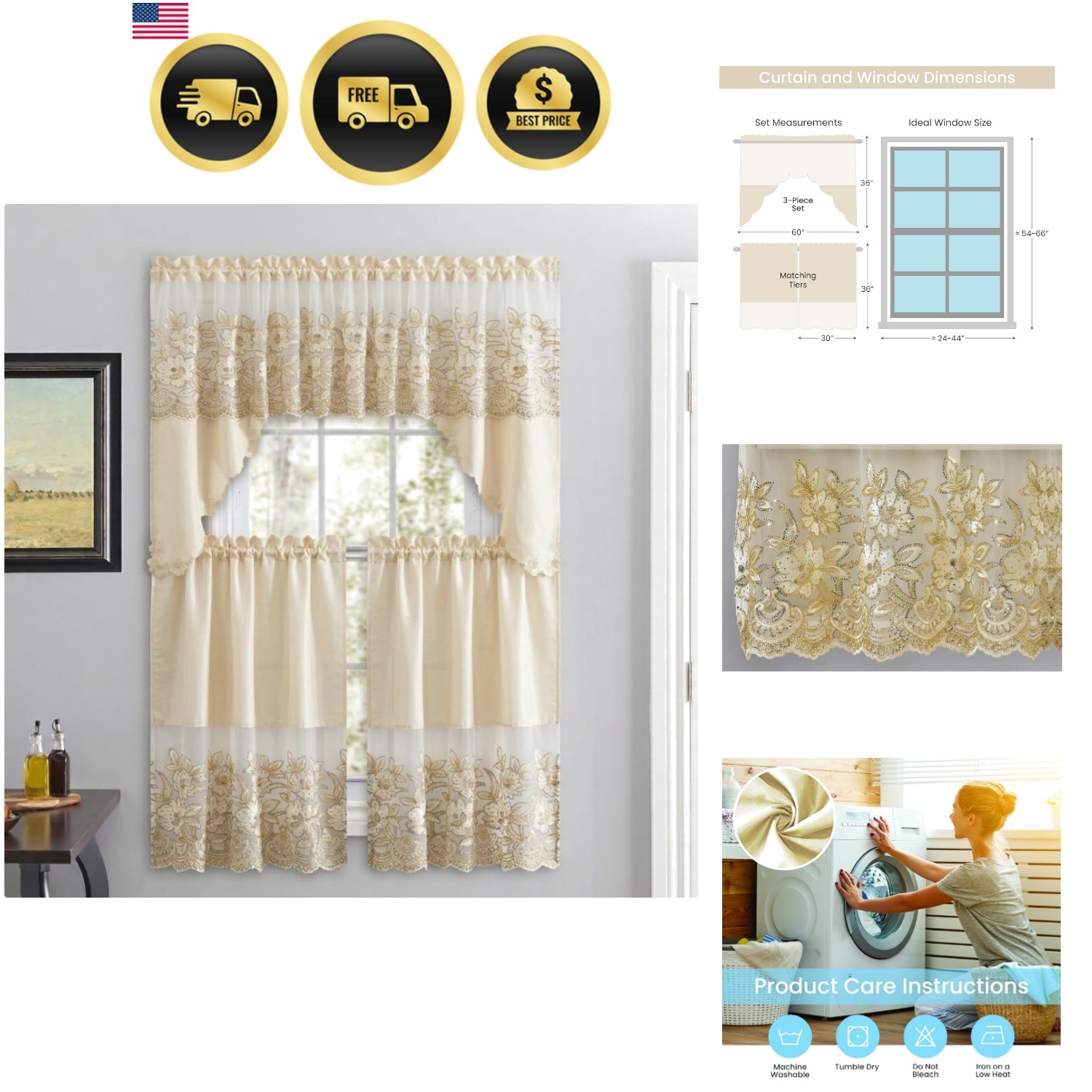 3 Piece Sequin Embroidered Window Curtain Set – Valance and Tiers – Kitchen, …