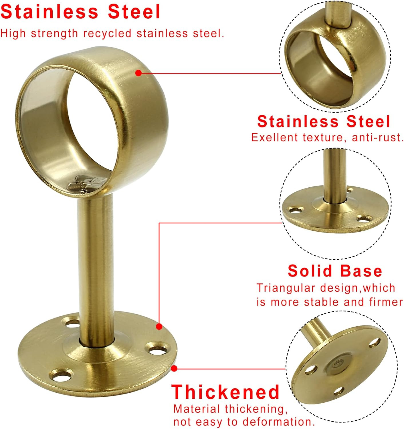 Biaungdo 1-1/4 Inch Ceiling-Mount Curtain Rod Brackets – Stainless Steel, Gold,