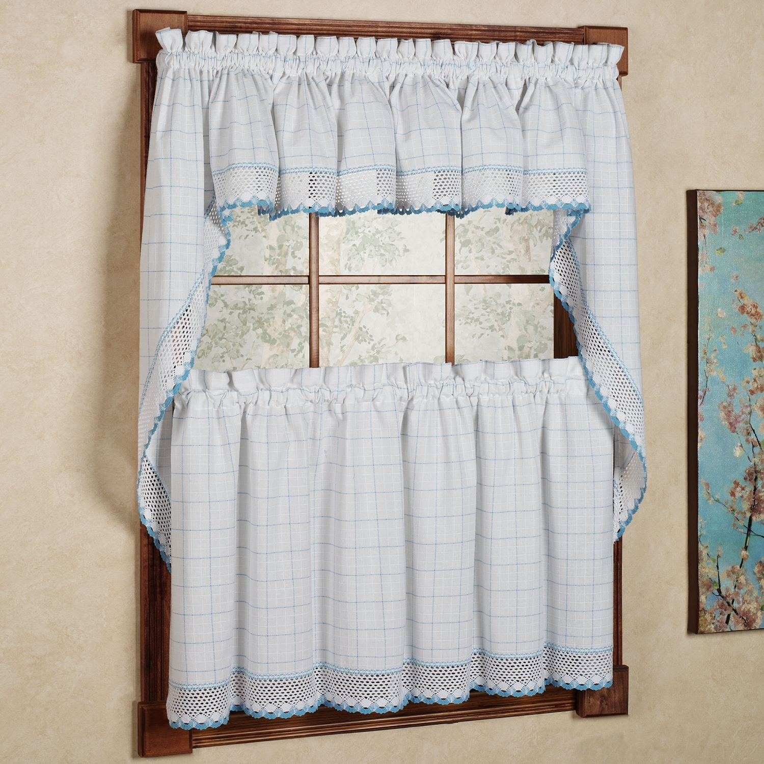 Adirondack Cotton Kitchen Window Curtains – White/Blue – Tiers, Valance or Swag