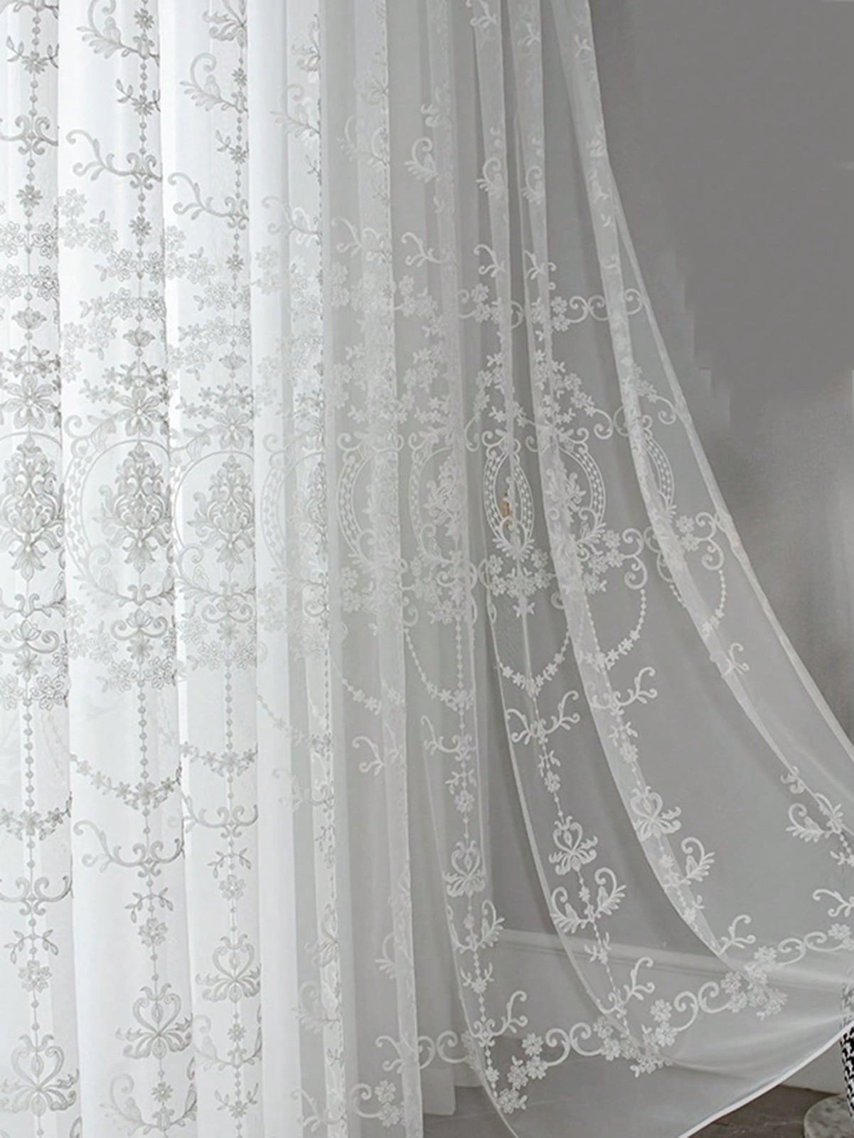 White Polyamide Sheer Panel Curtain With Floral Embroidery 150×250 100×230