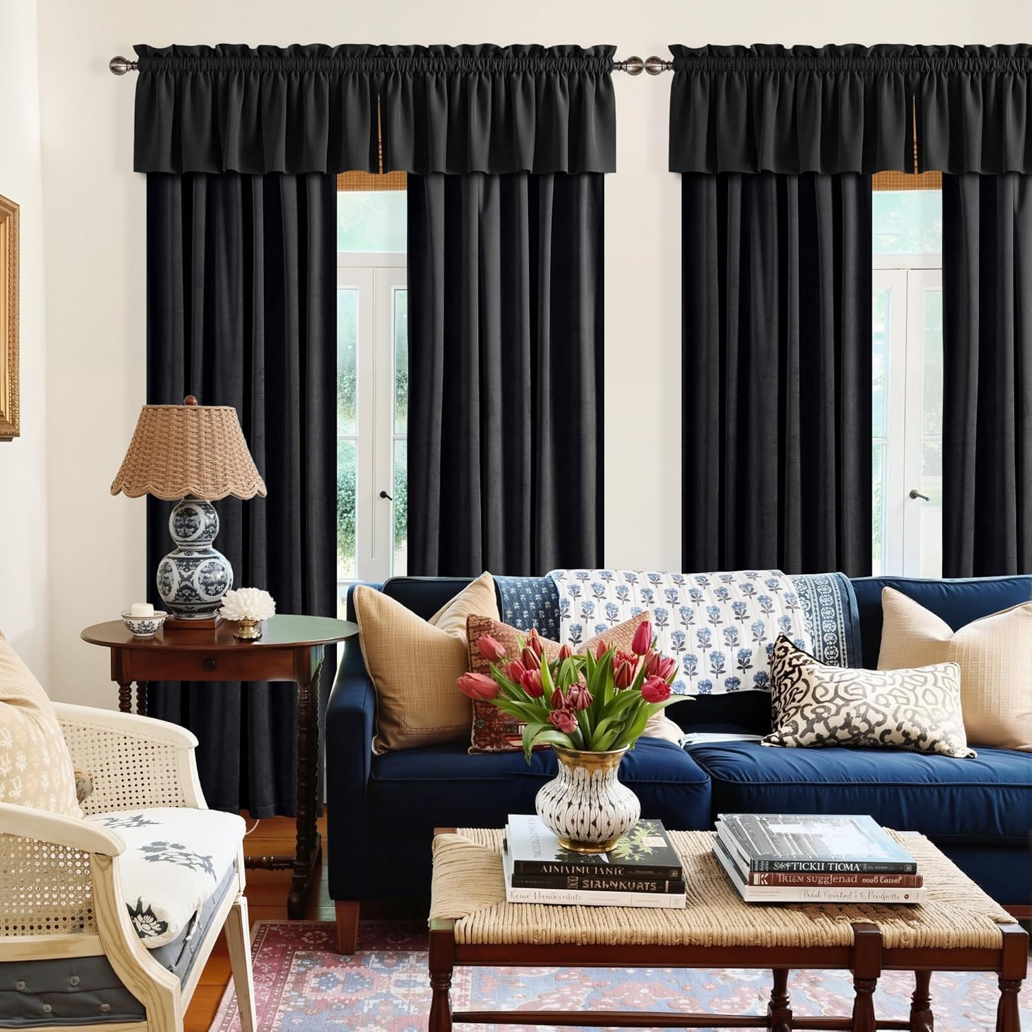 Black Velvet Valance Curtains for Windows 18 Inch Length, Kitchen Window Treatme