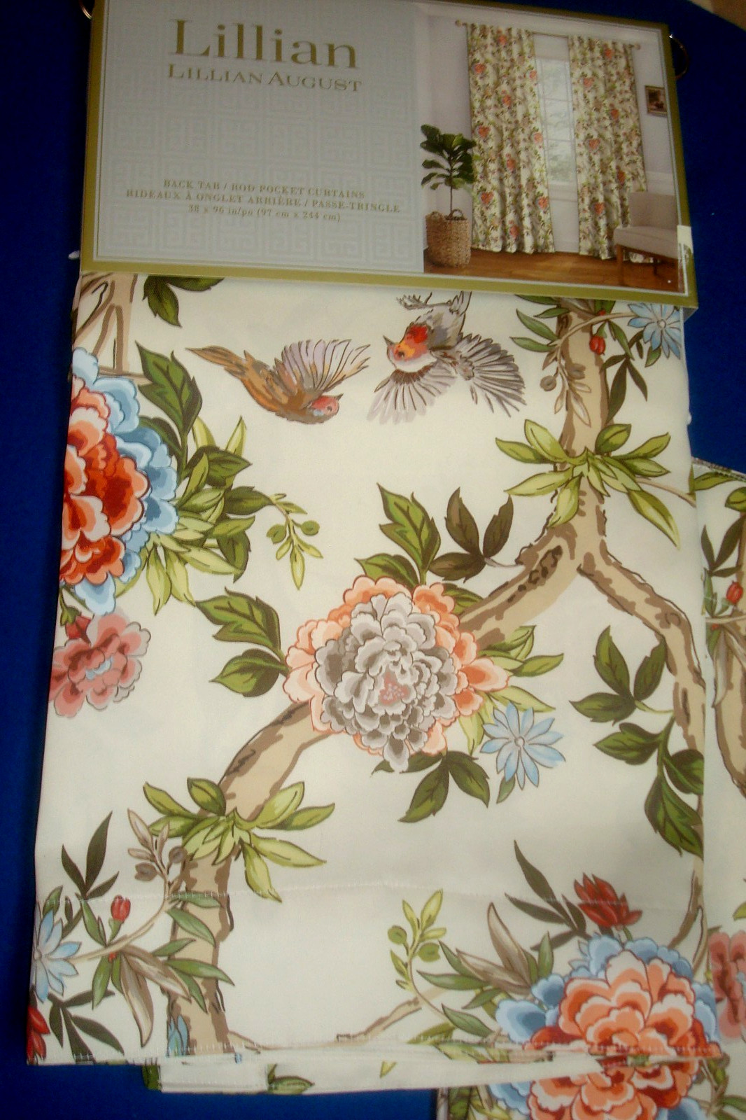 NWT Lillian August Window Curtain Panels Fancy Floral w/ Birds ea 38 x 96″ lg