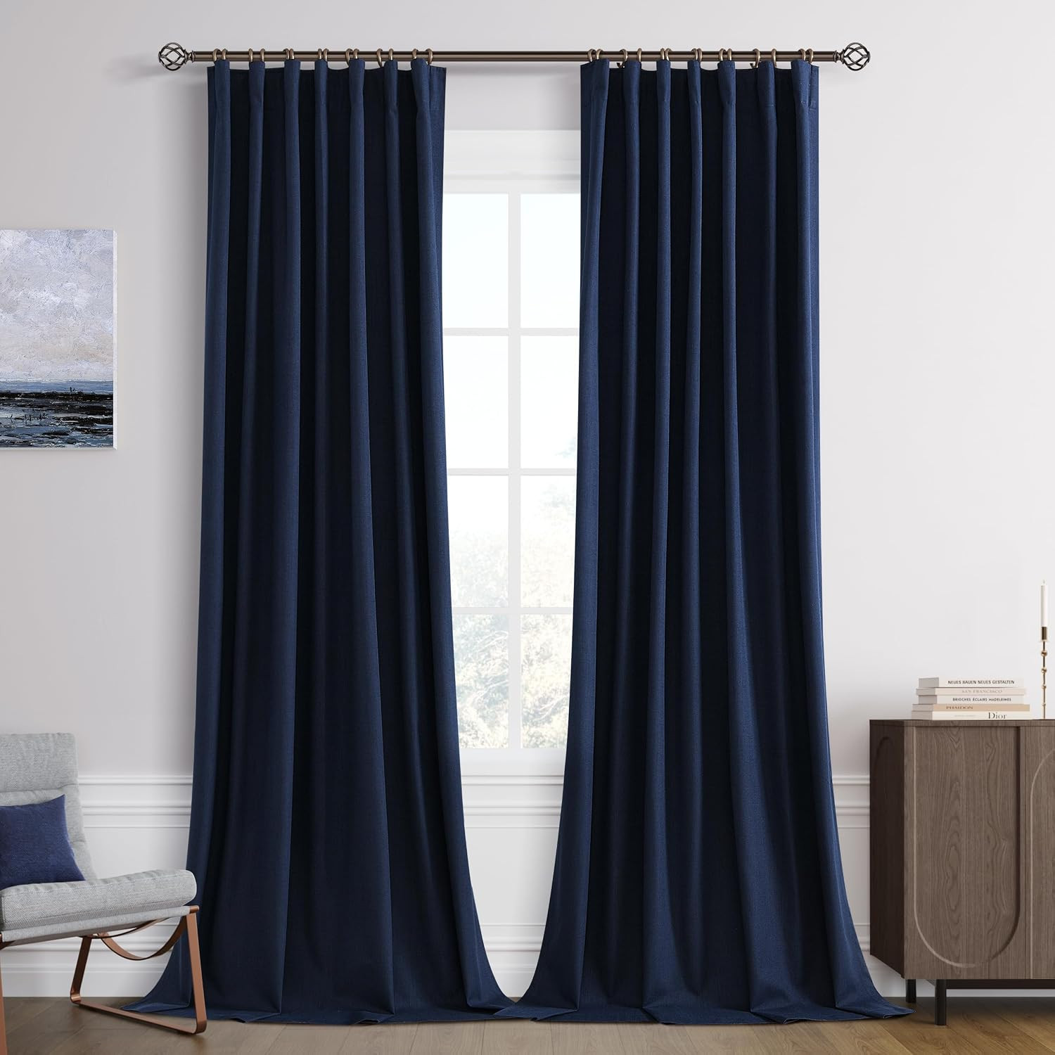 100% Blackout Extra Long Linen Curtains 120 Inches Long for Bedroom Black Out Cu