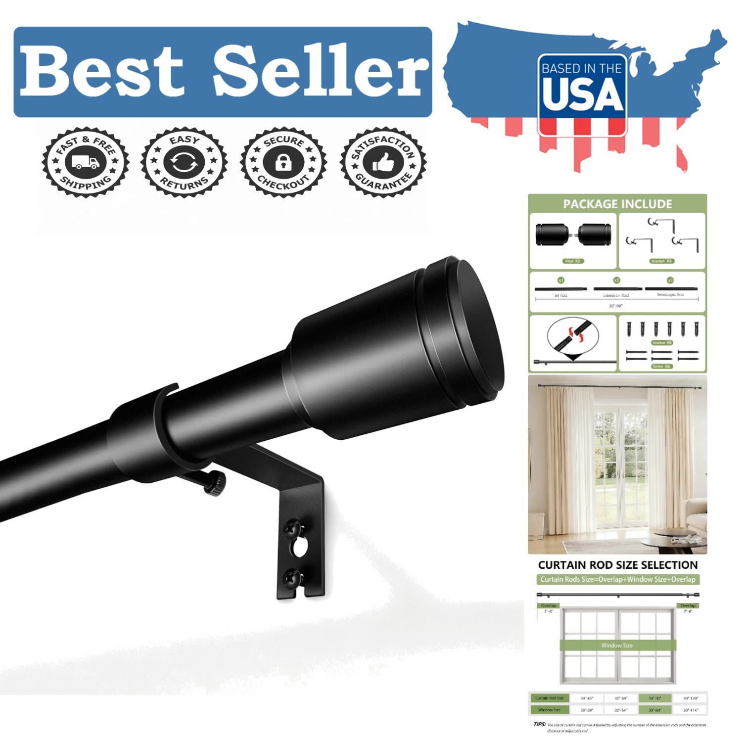 Adjustable Curtain Rod 30–90 Inch Heavy Duty Iron Black For Windows