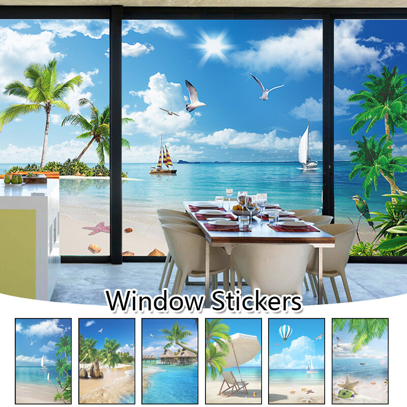 Privacy Windows Film Decoration Beautiful Beach Stained Glass Stickers Decors