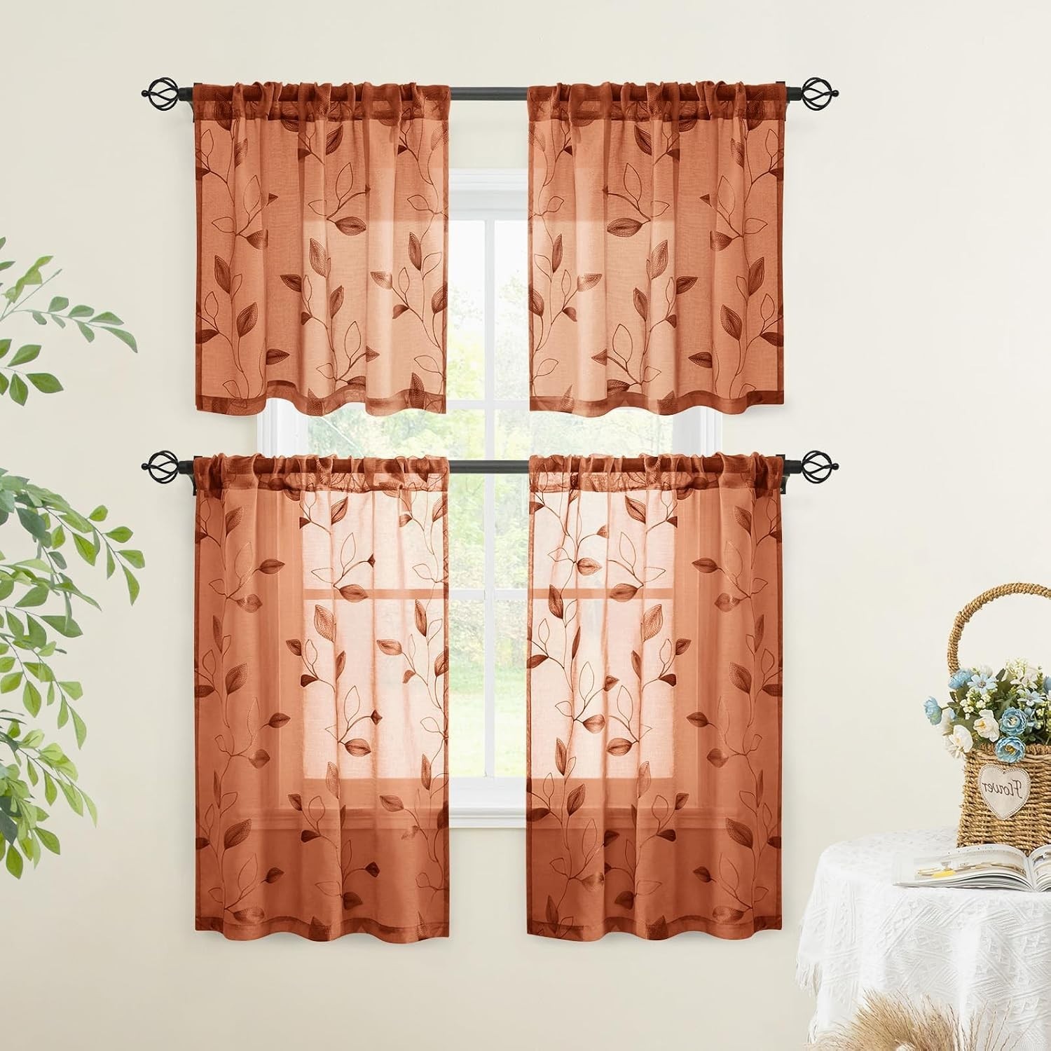 Beautiful Embroidered Leaf Burnt Orange Sheer Curtains – 30 X 36 Inch – 2 Panels