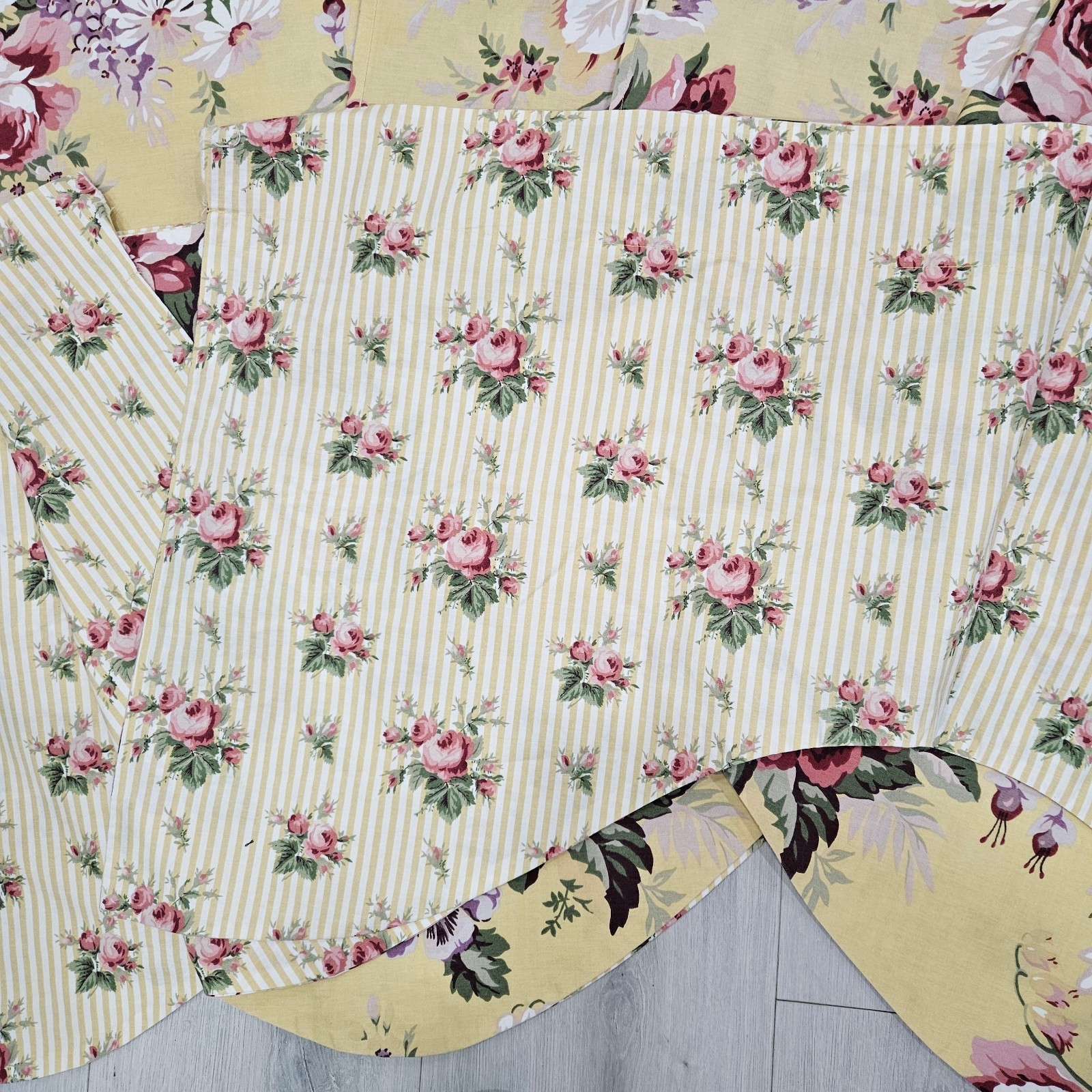 Ralph Lauren Sophie Brooke Yellow Floral & Stripe 2 Valances & 4 Curtain Panels