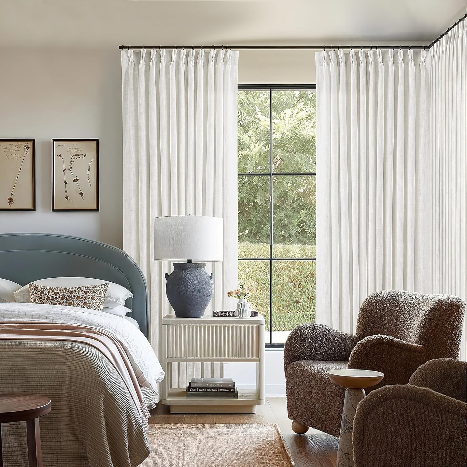 Pinch Pleated Linen Curtains 96 Inch Light Filtering Drapes 2 Panels Neutral