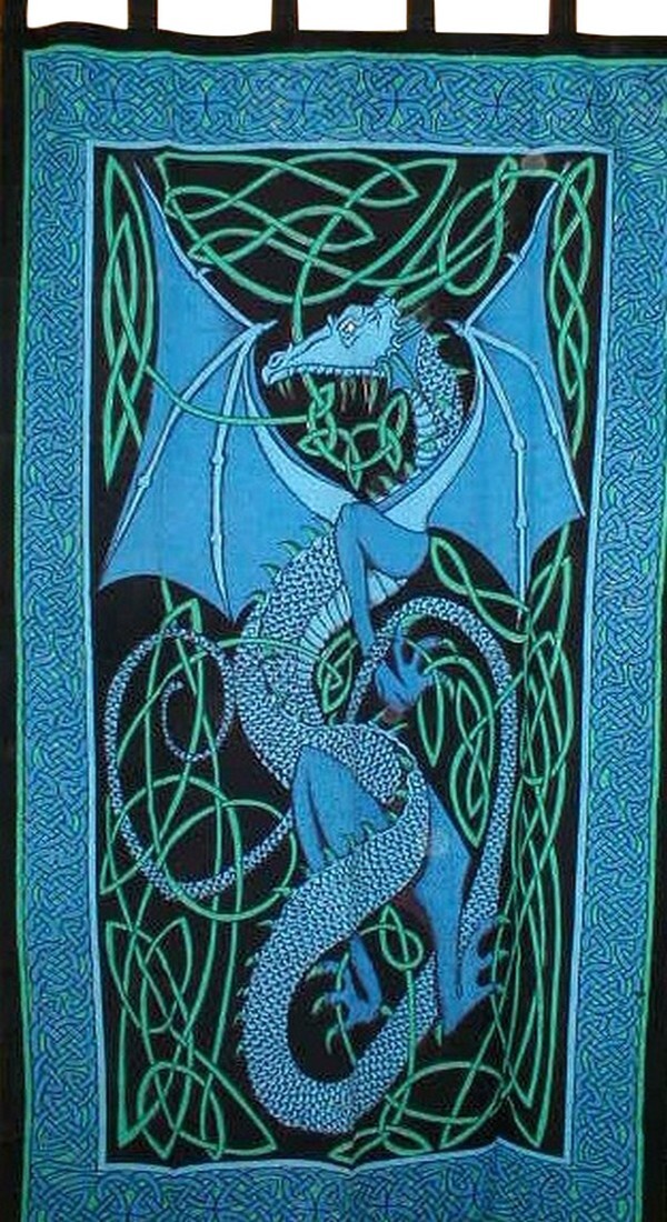 Celtic Dragon Tab Top Curtain Drape Panel Cotton 44″ x 88″ Blue