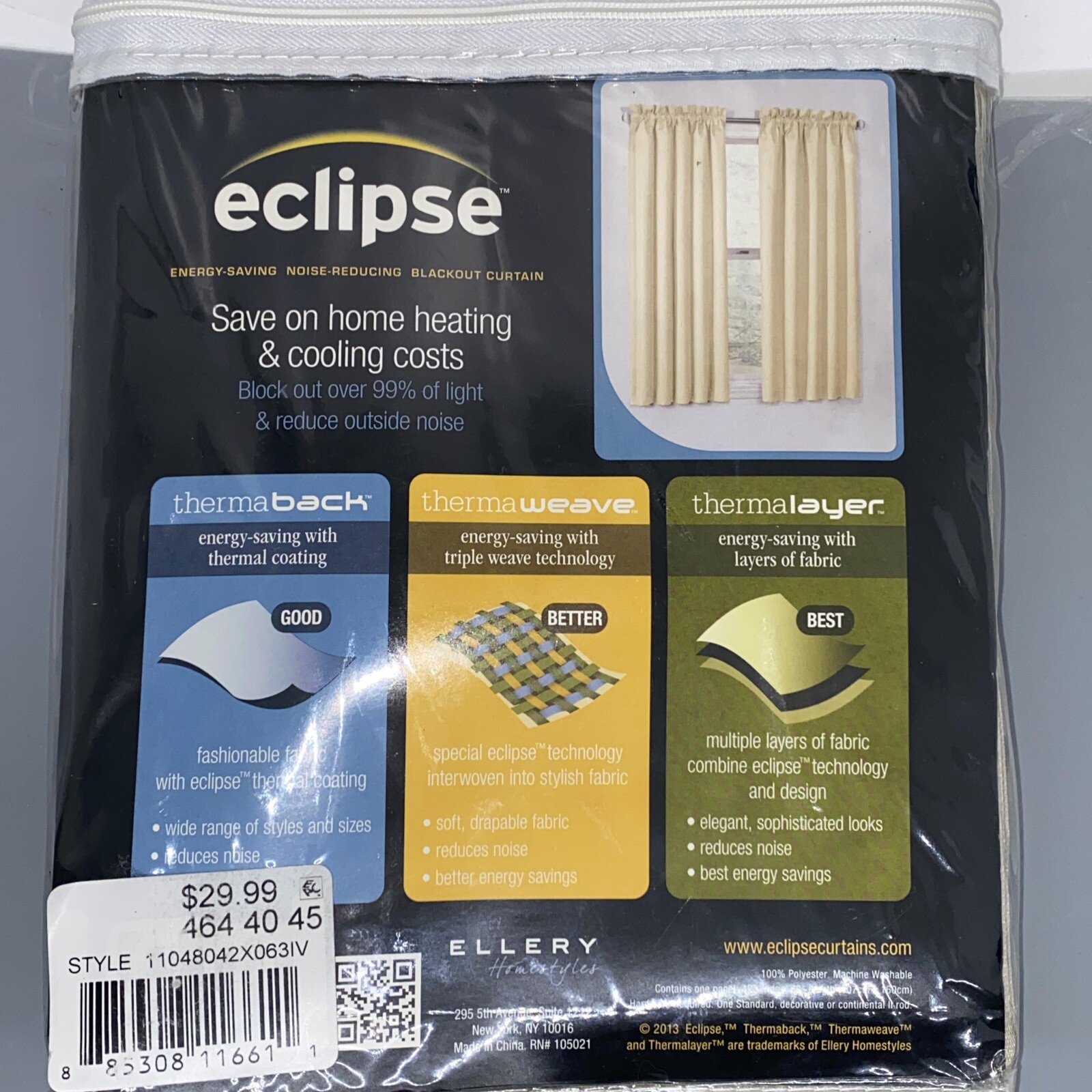Eclipse Ivory Blackout Energy-Efficient Thermaback Curtain Panel 42″W x 63”L NEW