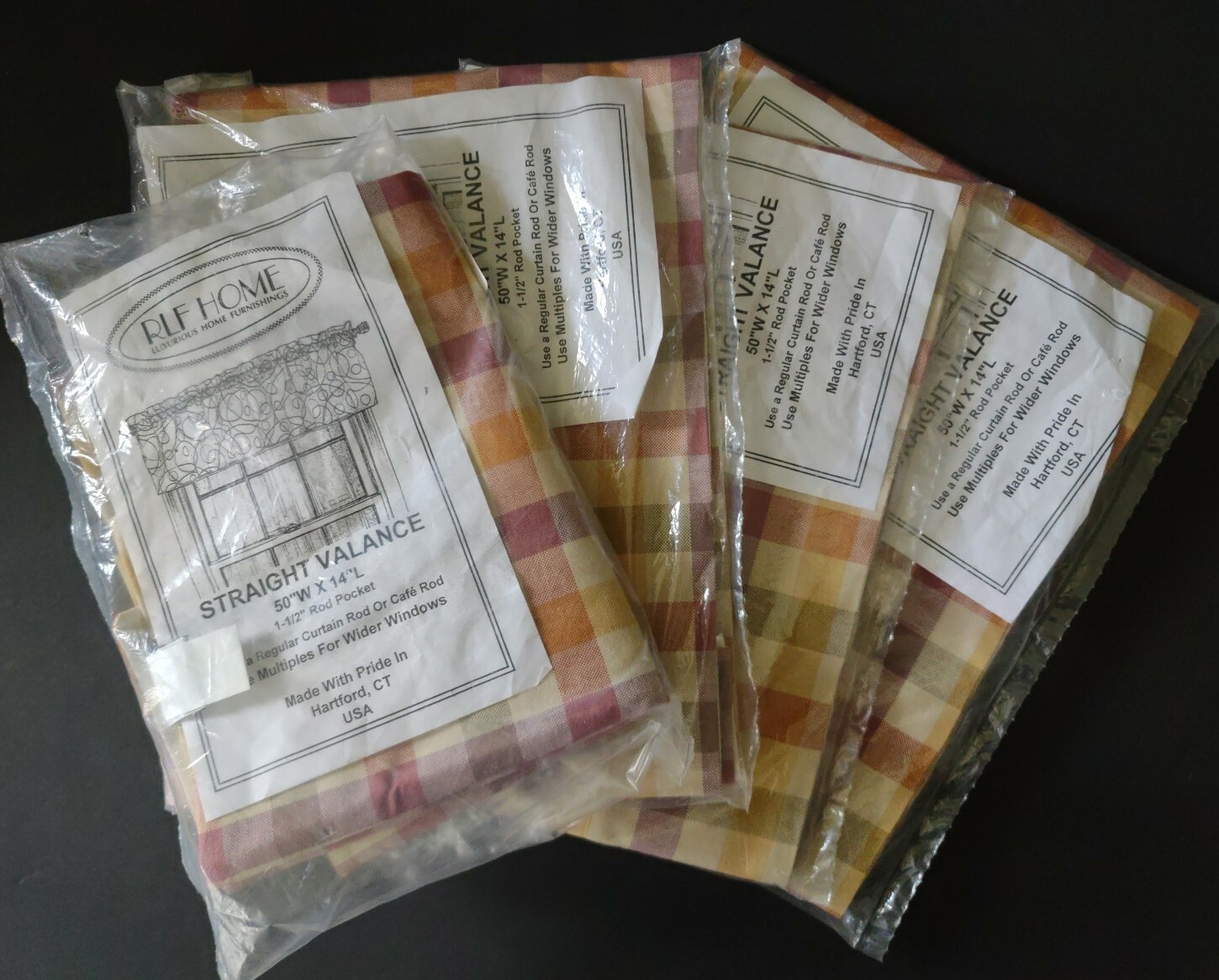 Set of 4 RLF Home Straight Curtain Valance Checkered 50″x14″ 1-1/2″ Rod Pocket