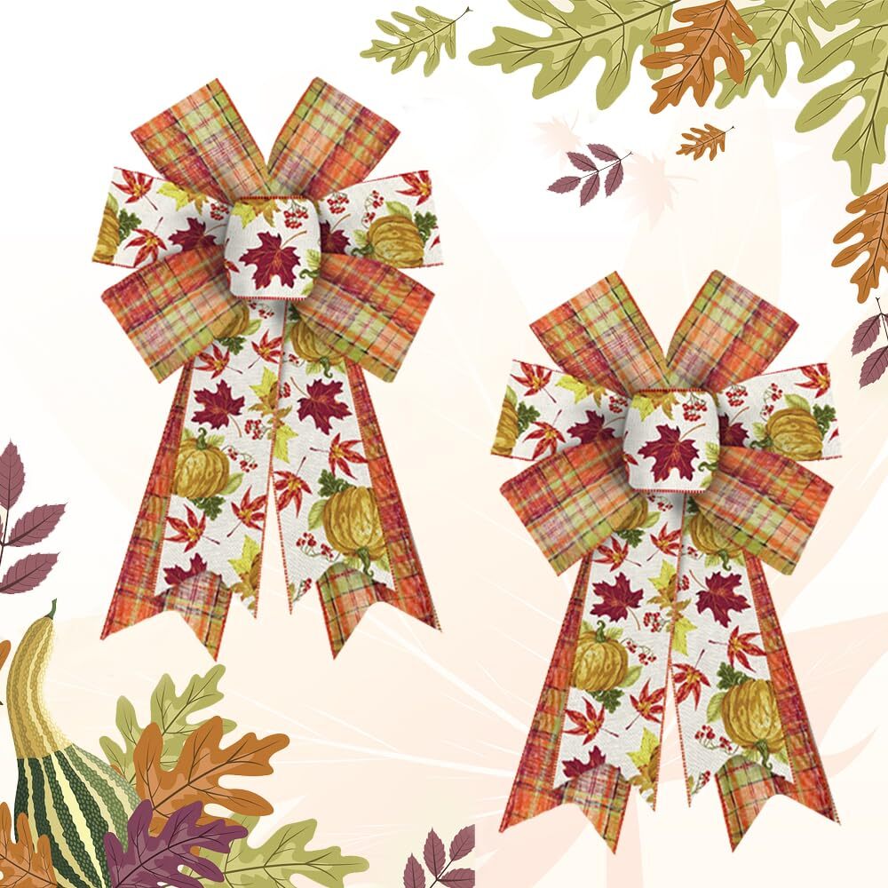 2 Pieces Happy Fall Bows for Wreath Thanksgiving Wreath Bows Orange Burlap Bo…