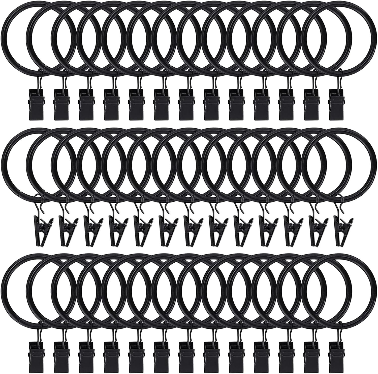 Versatile Rustproof Curtain Rings with Clips – 1.5 Inch Black Drapery Set of 44