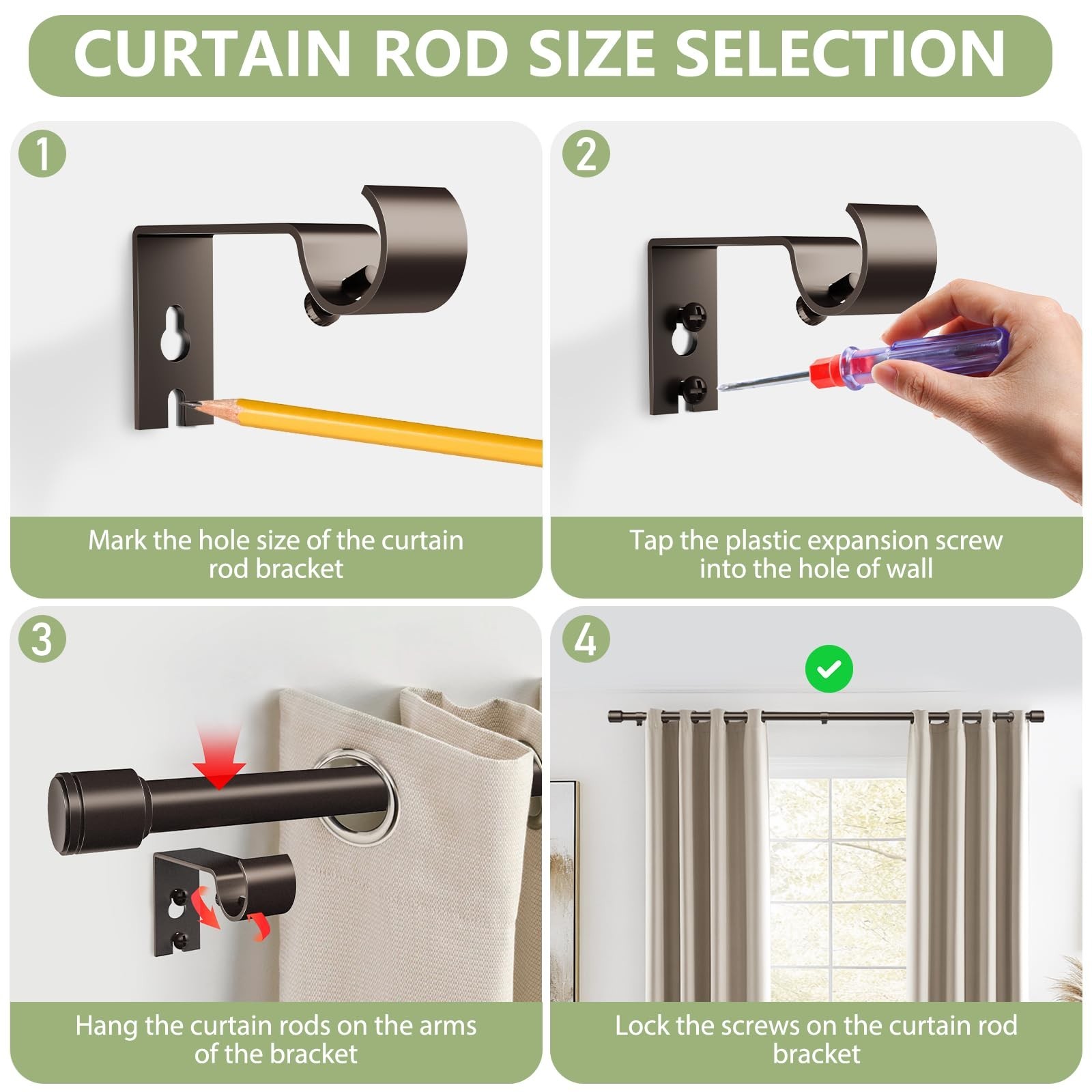 Adjustable 5/8″ Curtain Rods 30-90″ for Windows, Antique Bronze, 2 Pack with Bra