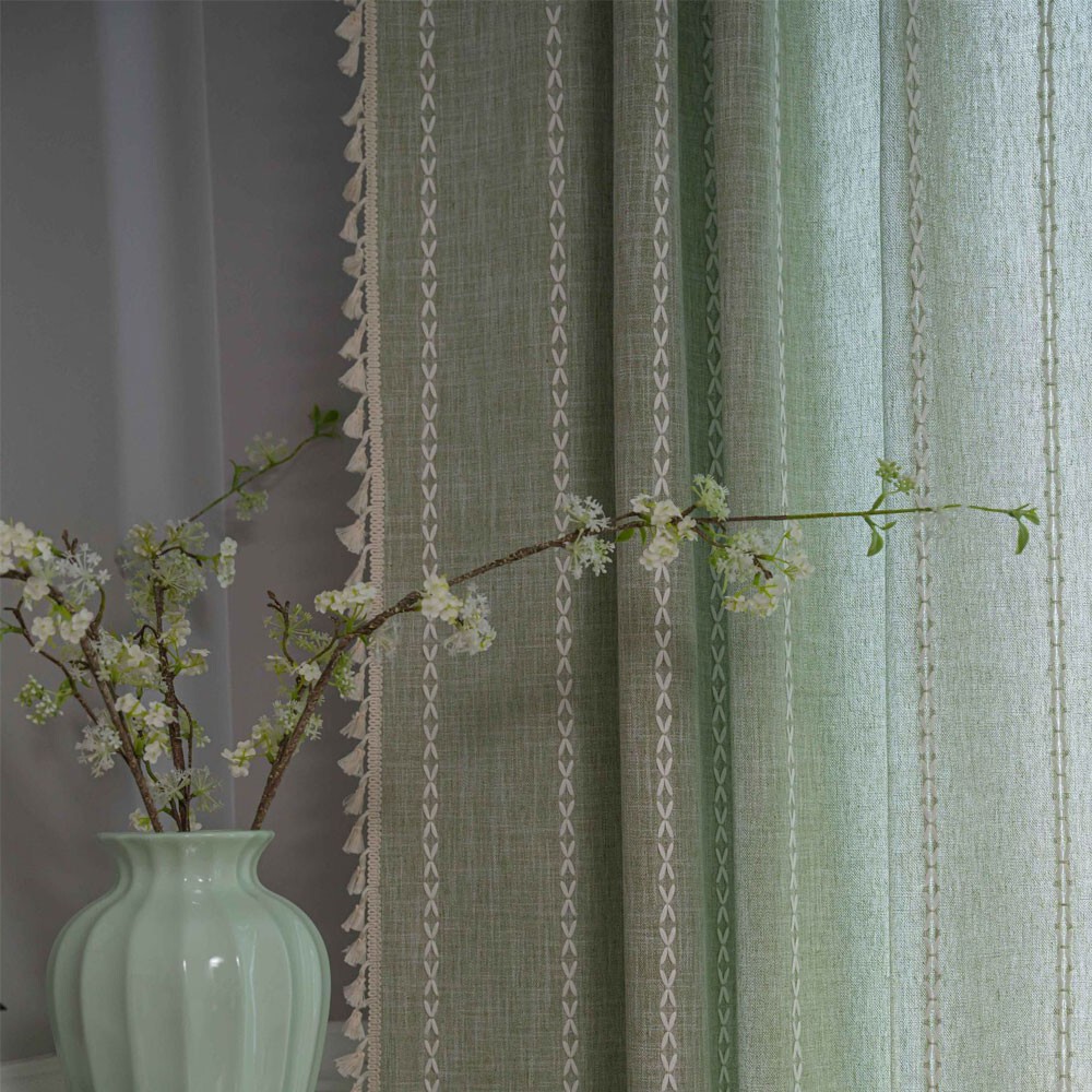 Rustic Striped Embroidered Curtain Window Drapes Panel Farmhouse Boho Home Decor