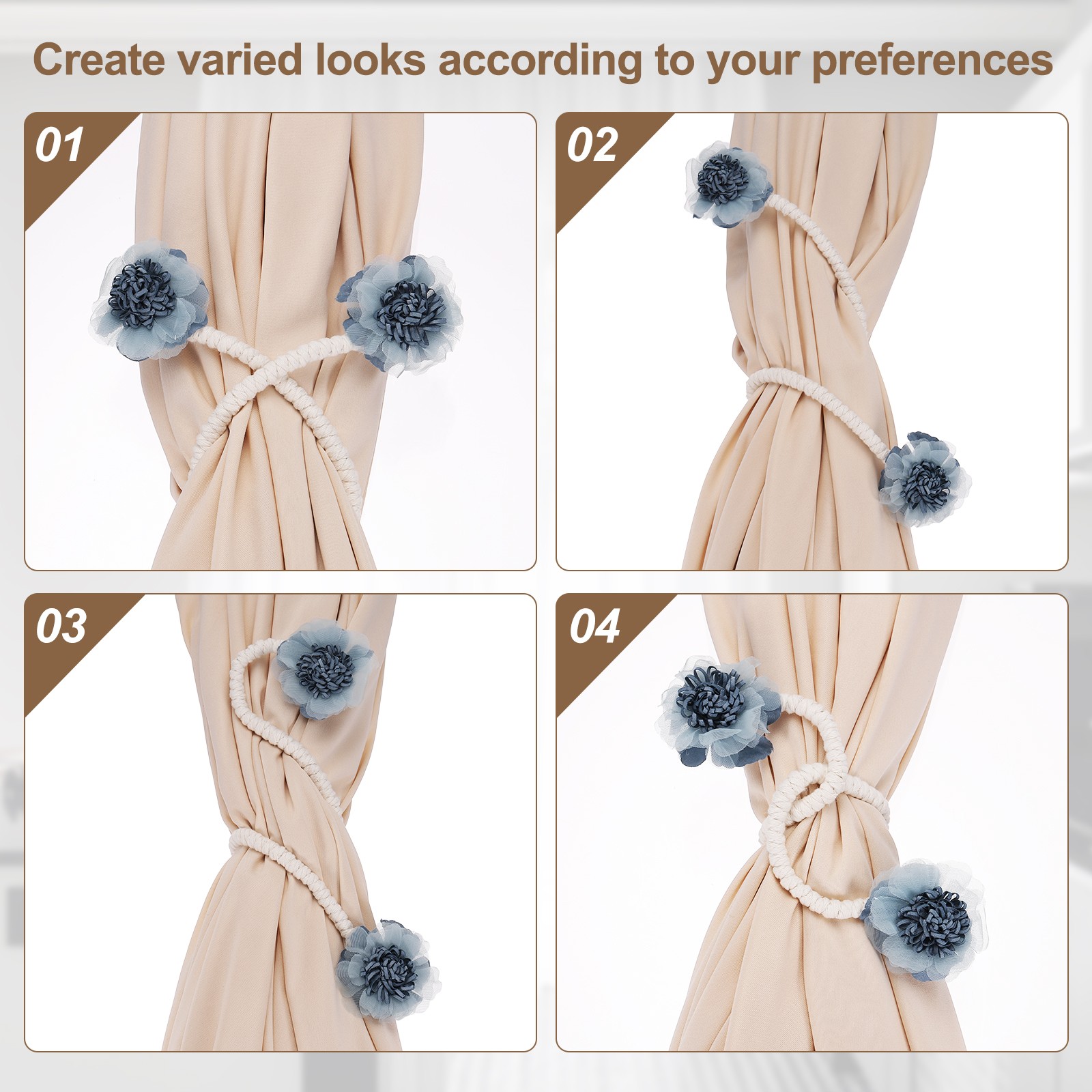 2Pcs Flower Curtain Tiebacks, 2 Flower 45cm Twist Holdbacks Clip, Blue