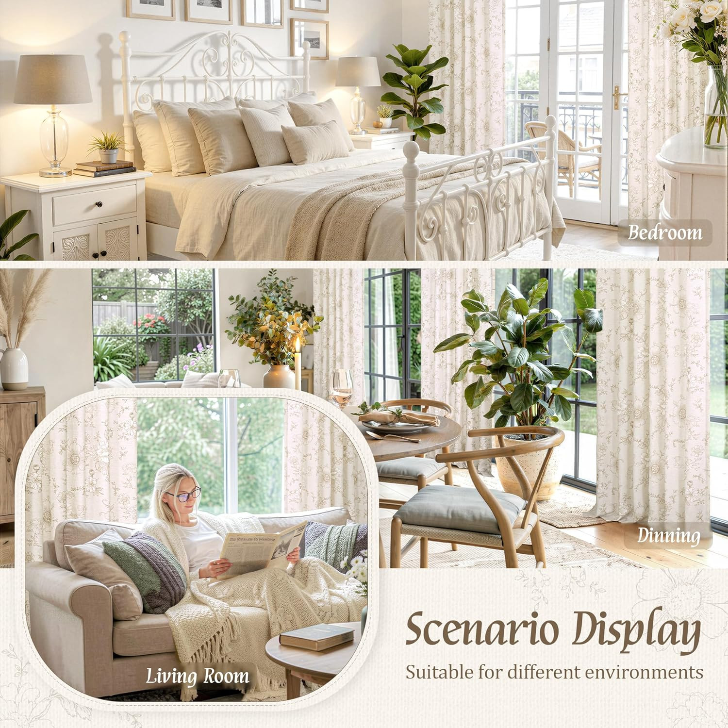 LAMIT Taupe Floral Linen Curtains 63 inch Length, Light Filtering Country Vintag