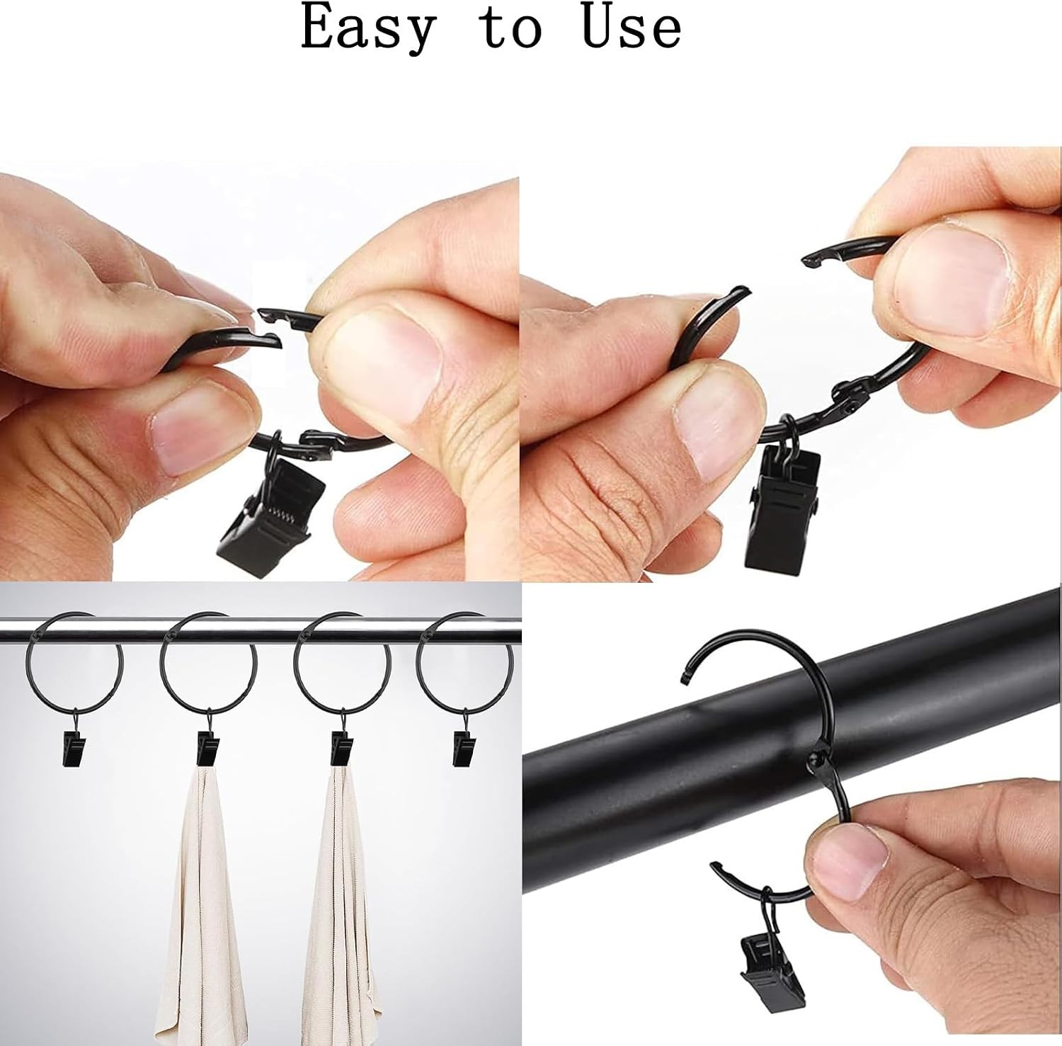 16 Pack Openable Curtain Rings with Clips, Black Shower Curtain Hooks Curtain
