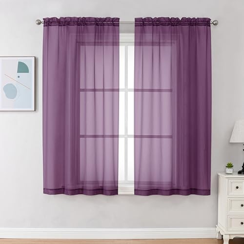 Sheer Curtains 63 Inch Length 2 Panels, Rod 42″W x 63″L (Pack of 2) Plum