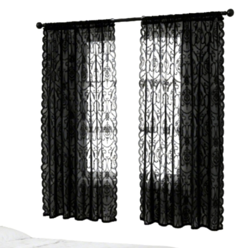 Black Sheer Lace Window Curtains Polyester Fabric European Vintage Style