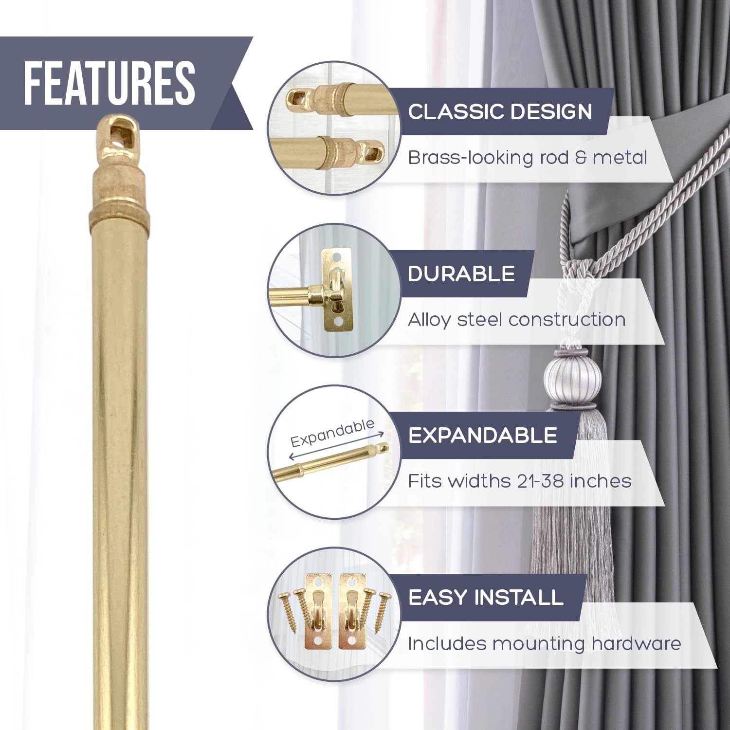 4 PACK: Amazing Drapery Hardware Swivel Sash Curtain Rod, BRASS adjust 21-38″