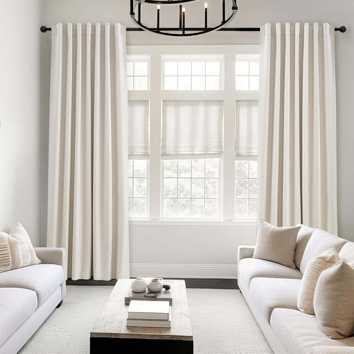 Cream-colored linen blackout curtains, dimensions:52 inches × 84 inches,7 feet.