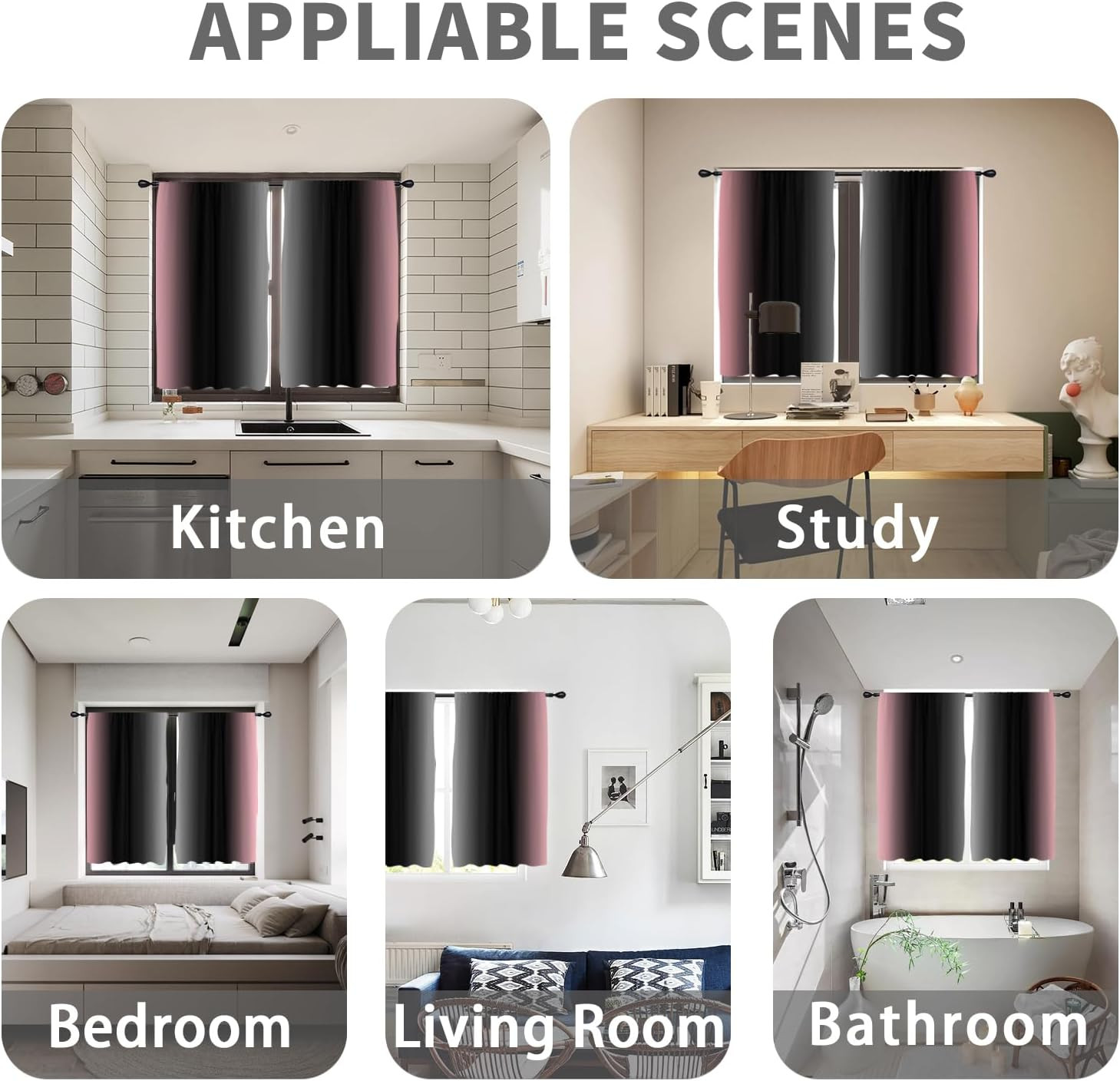 Pink Black Ombre Curtains 2 Panel Set, Grey Gradient Gothic Goth Dark Aesthetic