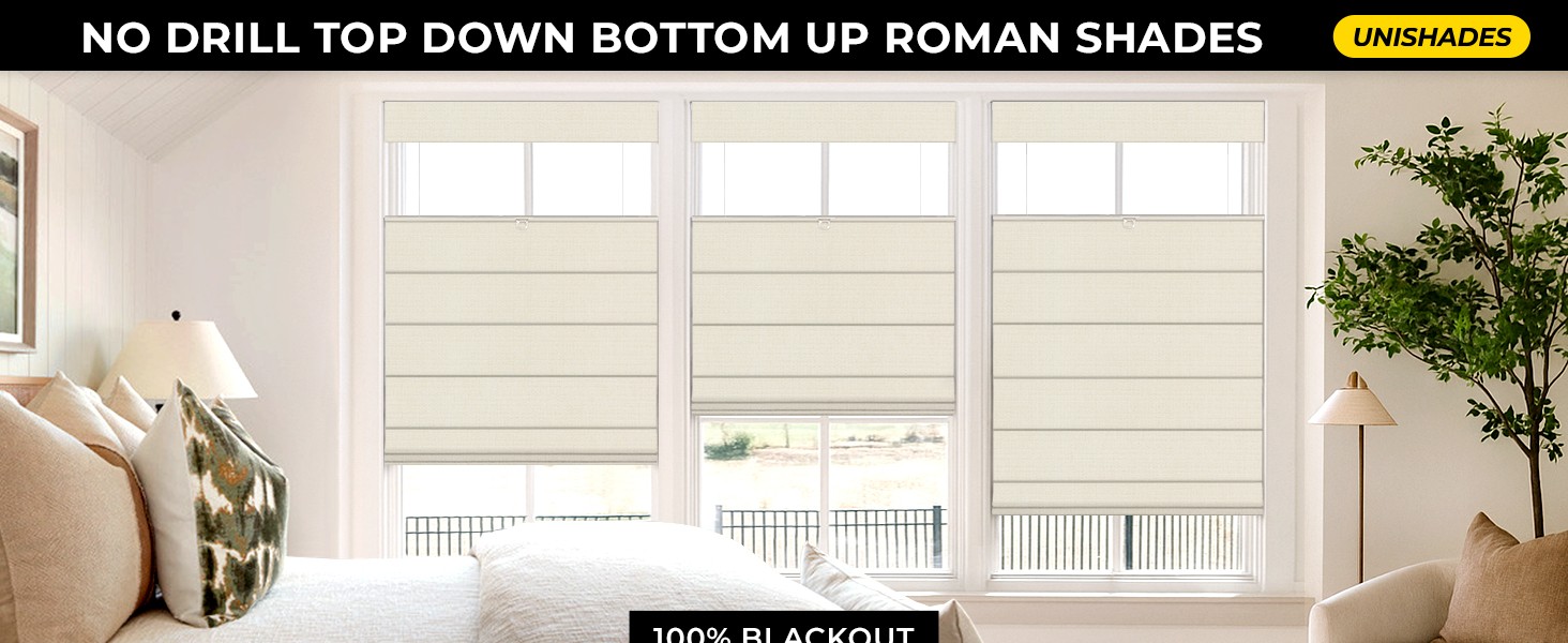 No Drill Down Bottom Up Roman Shades, 26×64in, Natural | 100% Blackout Fabric,
