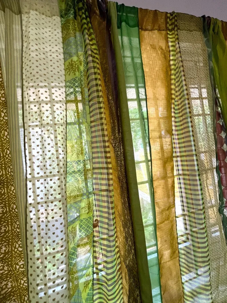 2 Pc Indian Old Recycle Silk Saree Boho Multi Curtain Door Drape Decor Curtain