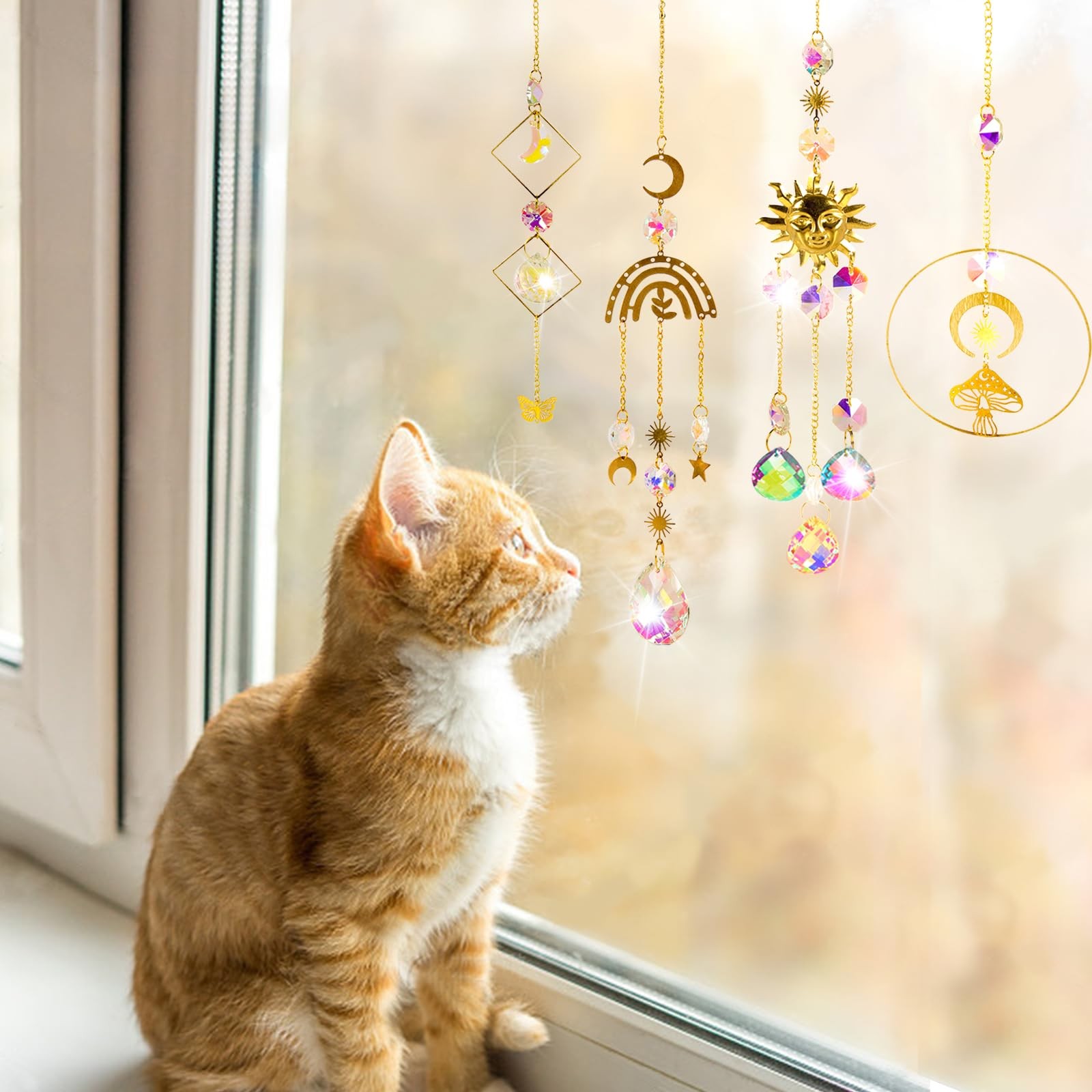 4 Pieces Crystal Suncatcher for Windows Hanging Decor Crystals Prism Golden