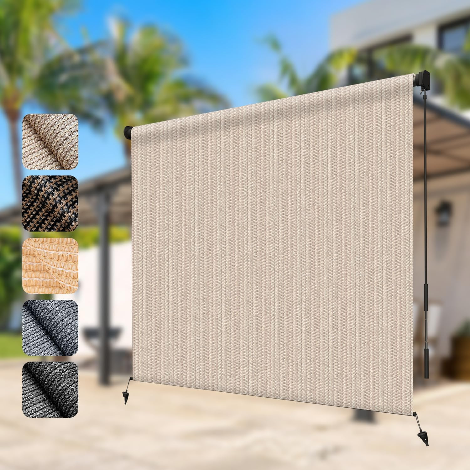 Beige 230GSM Cordless Outdoor Roller Shade 8′ W x 6′ H for Patio & Pergola