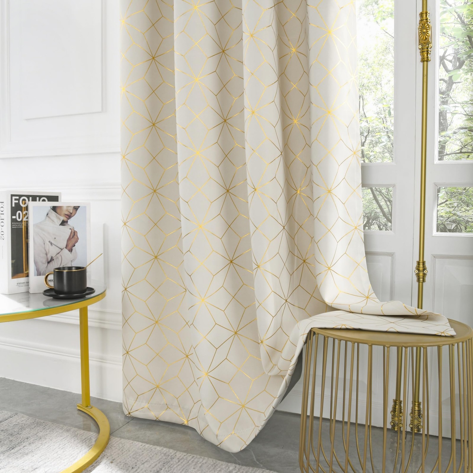 Beauoop Blackout Curtains 50″W x 84″L Beige/Gold Moroccan Grommet Set of 2