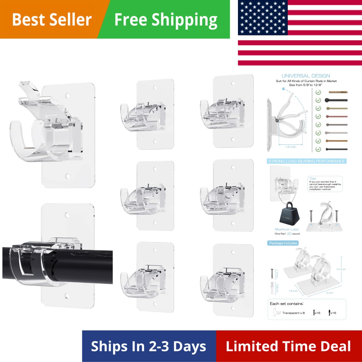 8PCS No Drill Curtain Rod Brackets, Self-Adhesive, Universal, Plastic & Stain…