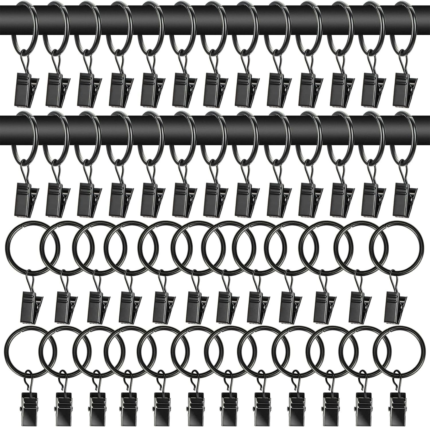 50Pcs Curtain Rings with Clips – Black Metal Drapery Rings with Clips 1.26 Inch