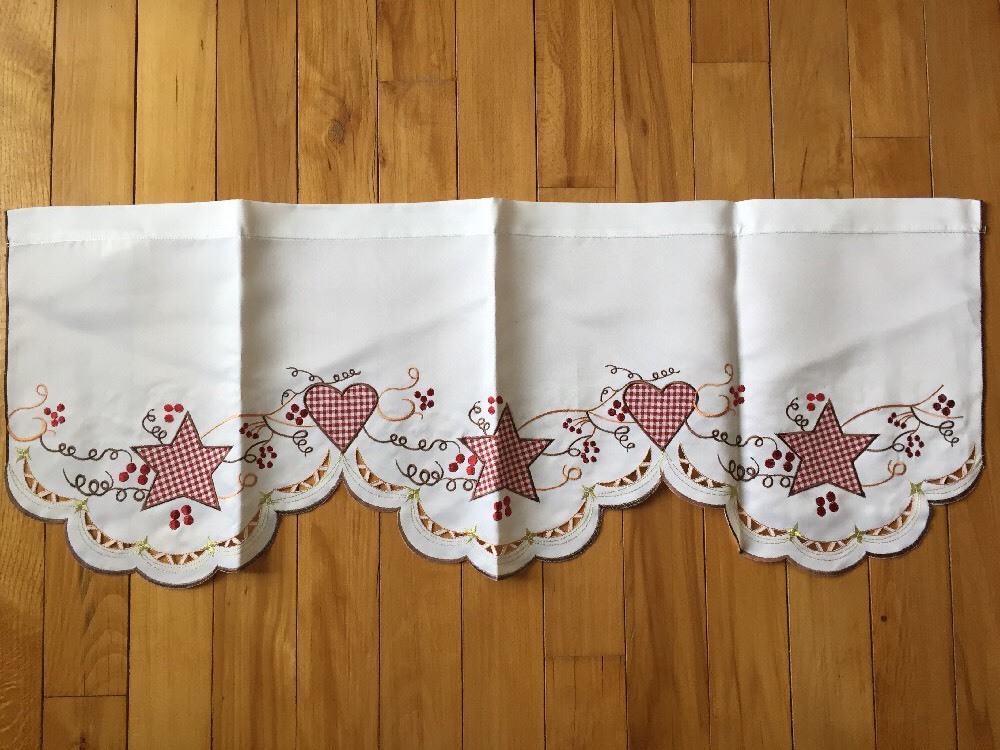 Primitive Gingham Hearts & Stars Valance Checkered Country Embroidered Valance