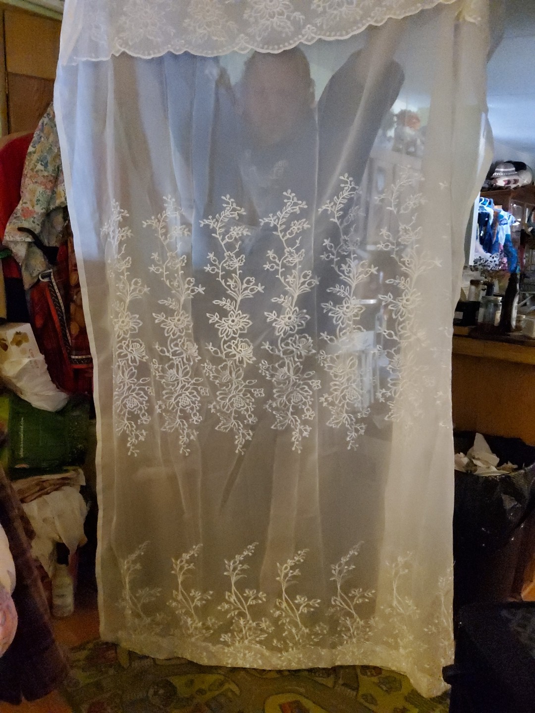 White Sheer Panels56″W X 82″L Floral Embroidered Scalloped 2 Panels W/valance