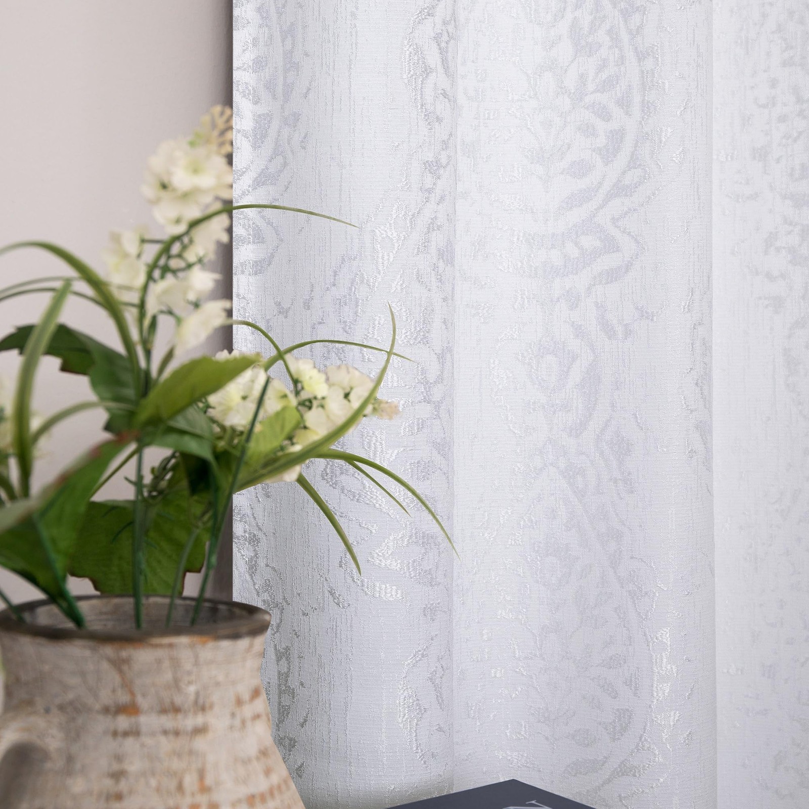 Mrs.Naturall White Damask Moroccan 3D Jacquard Embossed Embroidered Curtain