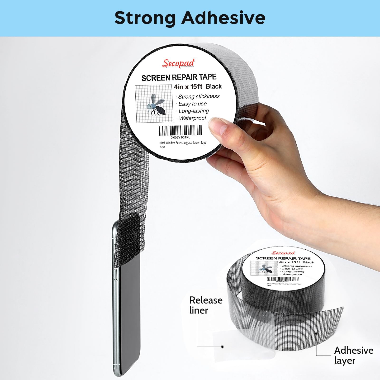 Secopad Black Window Screen Repair Tape, 4 in X 15 FT 4IN X 15FT,
