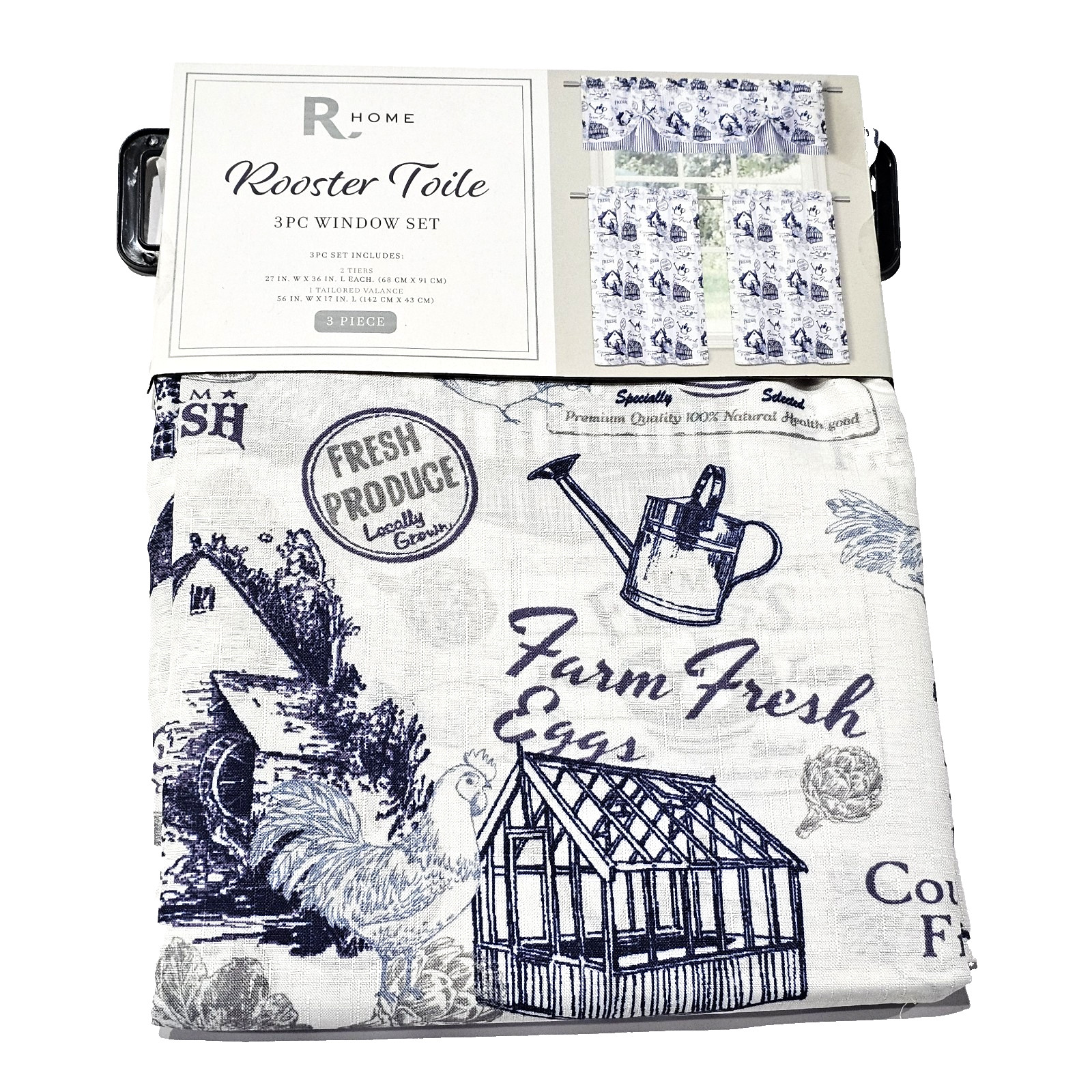R Home Rooster Toile Curtain 3pc Window Set 27in W X 36in L Each