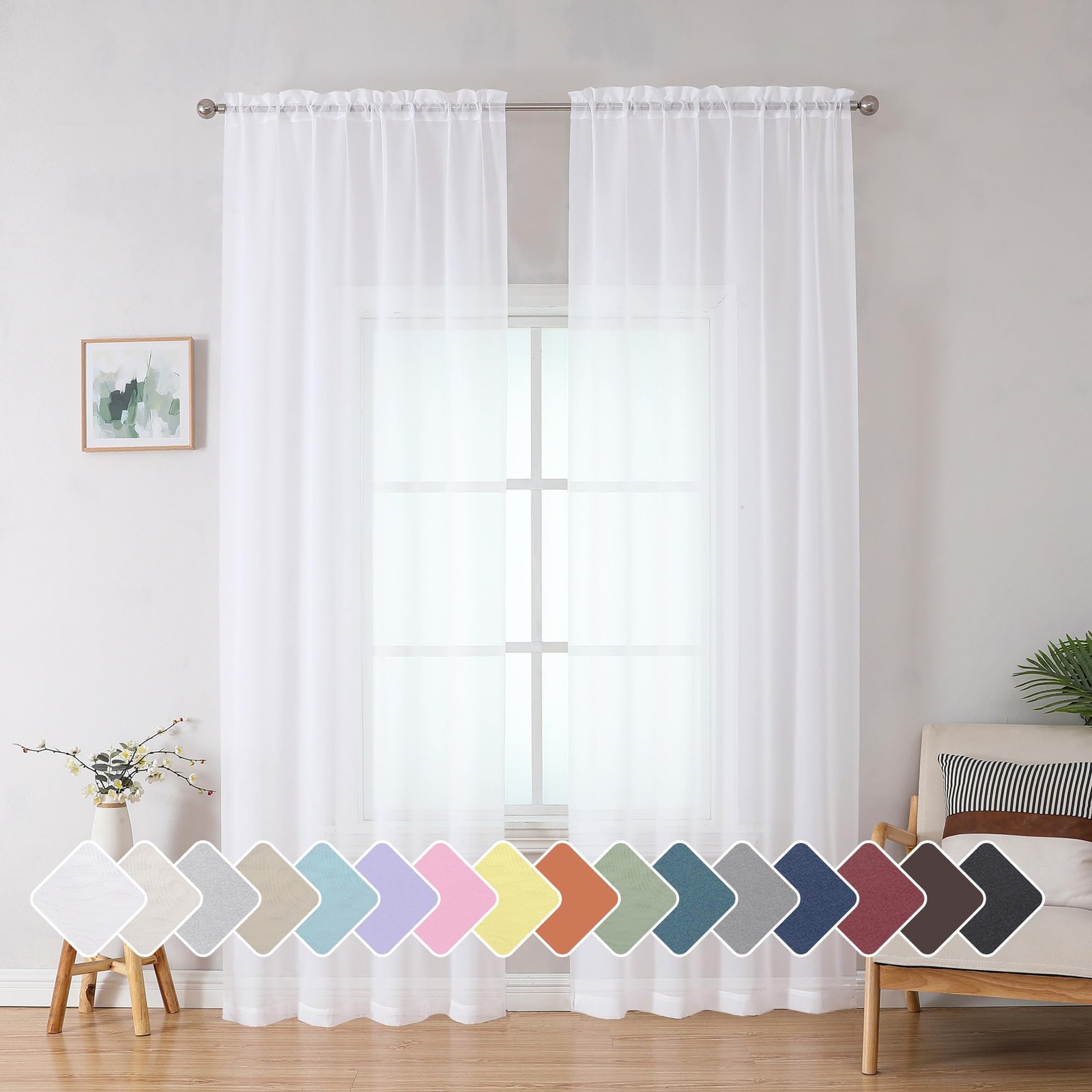 White Sheer Curtains, 84″ Length, 2 Panels Set – Light Filtering, Rod Pocket …
