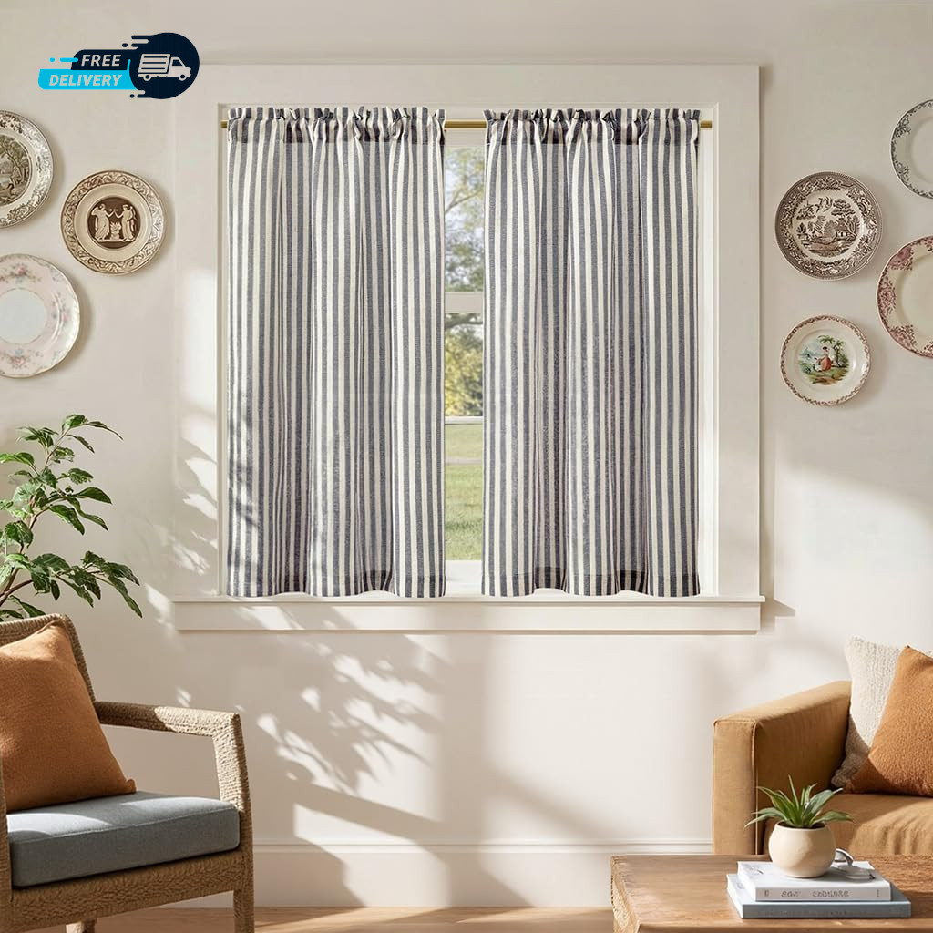 Striped Linen Kitchen Curtains 45 Inches Tier Curtains Farmhouse Modern