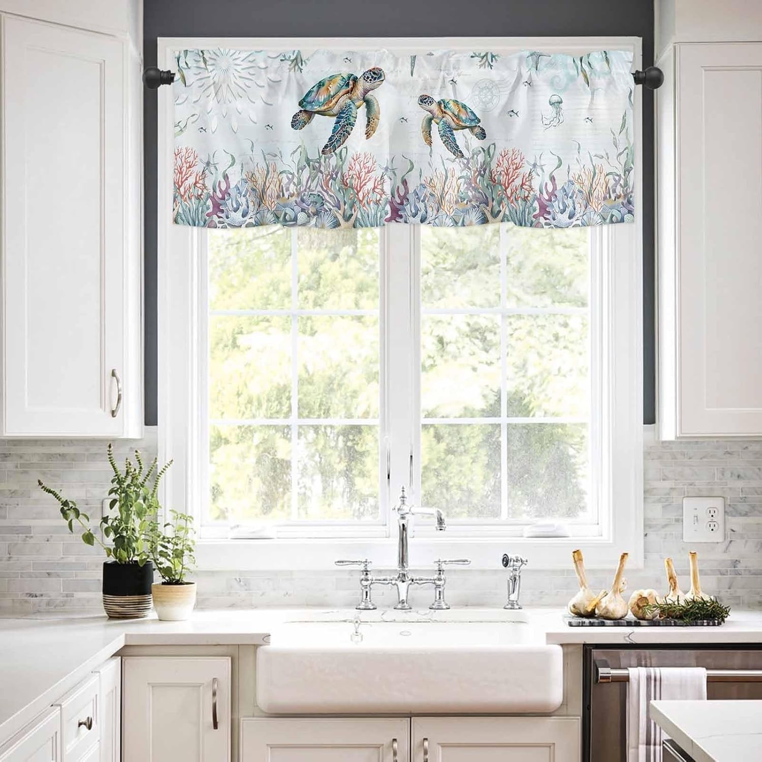 Teal Blue Turtle Coastal Valances Window Treatment Farmhouse Decor, Summer Be…